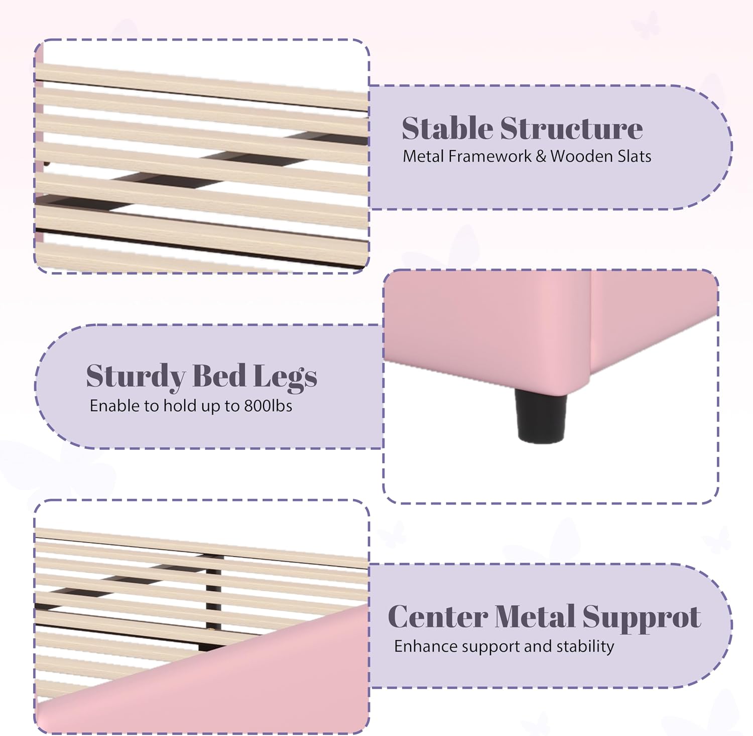 Merax PU Leather Upholstered Platform Bed with Butterfly Shaped Headboard and Footboard, Full Size Bed Frame for Bedroom, Solid Wood Slats Support, No Box Spring Needed, Easy Assembly, Light Pink