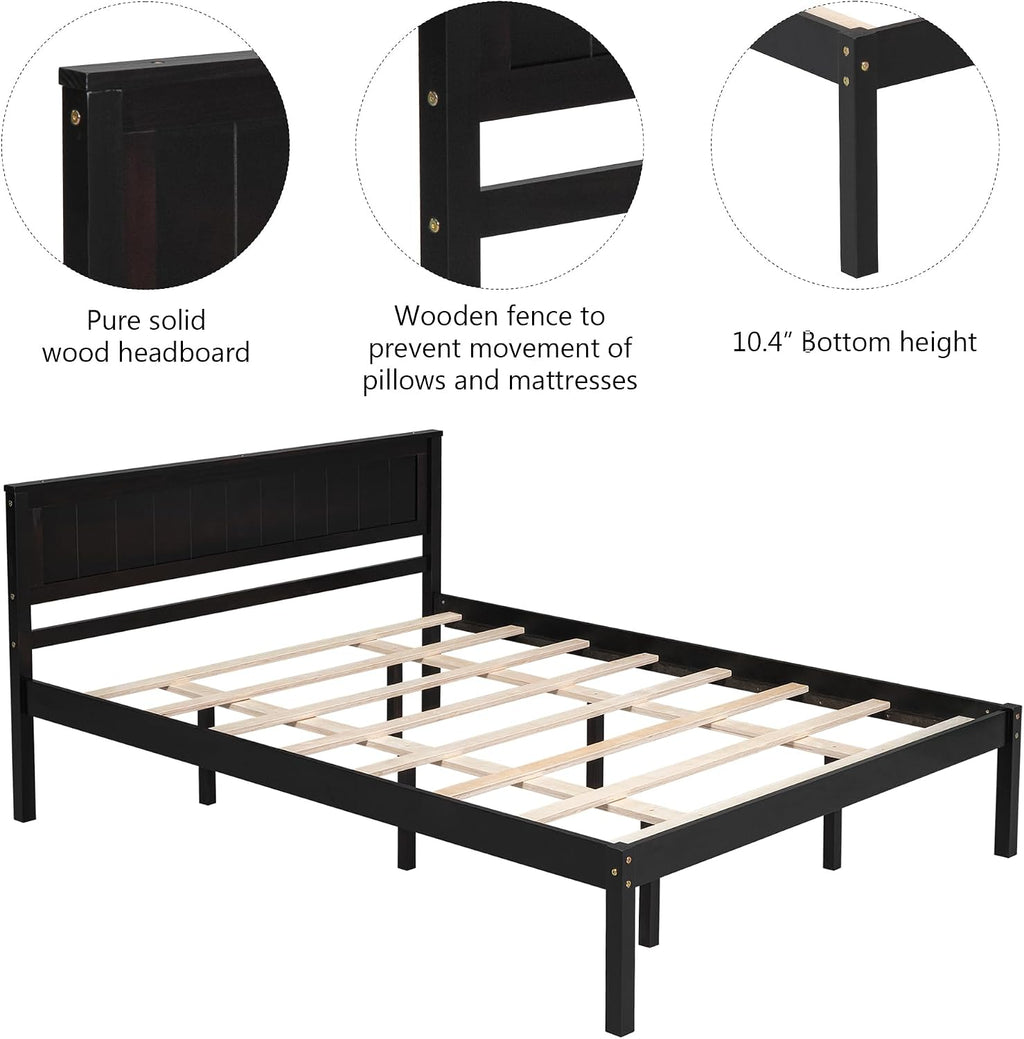 Wood Platform Bed, Bed Frame with Headboard, Wood Slat Support, No Box Spring Needed, Queen, Espresso