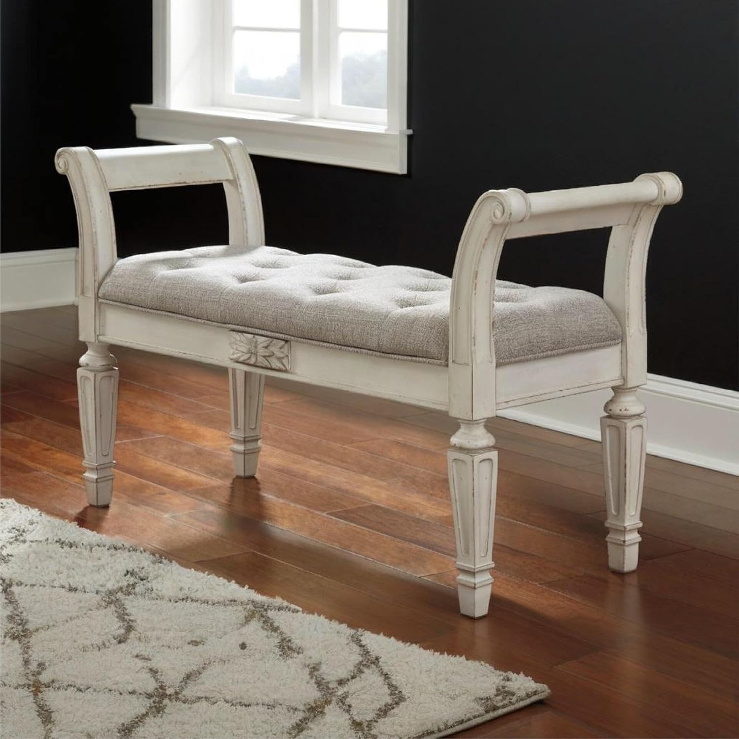 Signature Design by Ashley Realyn French Country Upholstered Tufted Accent Bench with Foam Cushion and Scrolled Arms, Wood Frame, 25.88' High, Antique White