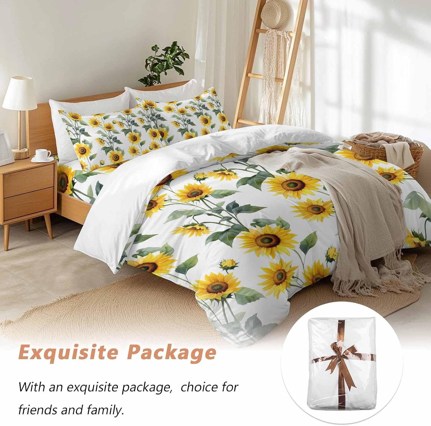 Prime Leader Summer Sunflowers Duvet Cover Set Queen Size 4 Pieces Watercolor Floral White Bedding Set with Zipper Closure, 1 Comforter Cover 92x106 Inches 1 Flat Sheet & 2 Pillow Cases
