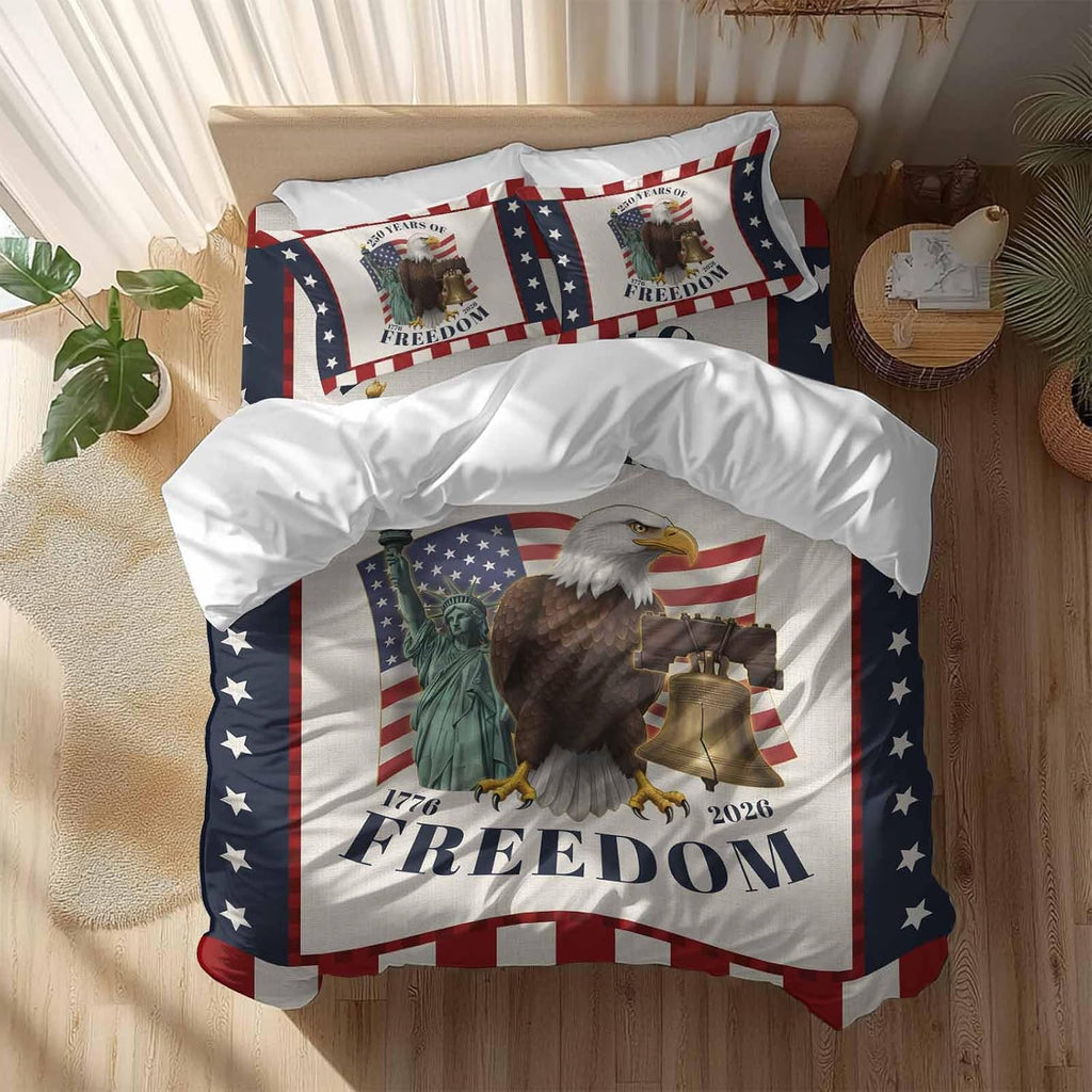250 Years of Freedom Duvet Cover Set Queen Size 4 Pieces Independence Day Bald Eagle Star Stripe Bedding Set with Zipper Closure, 1 Comforter Cover 90x92 Inches 1 Flat Sheet & 2 Pillow Cases