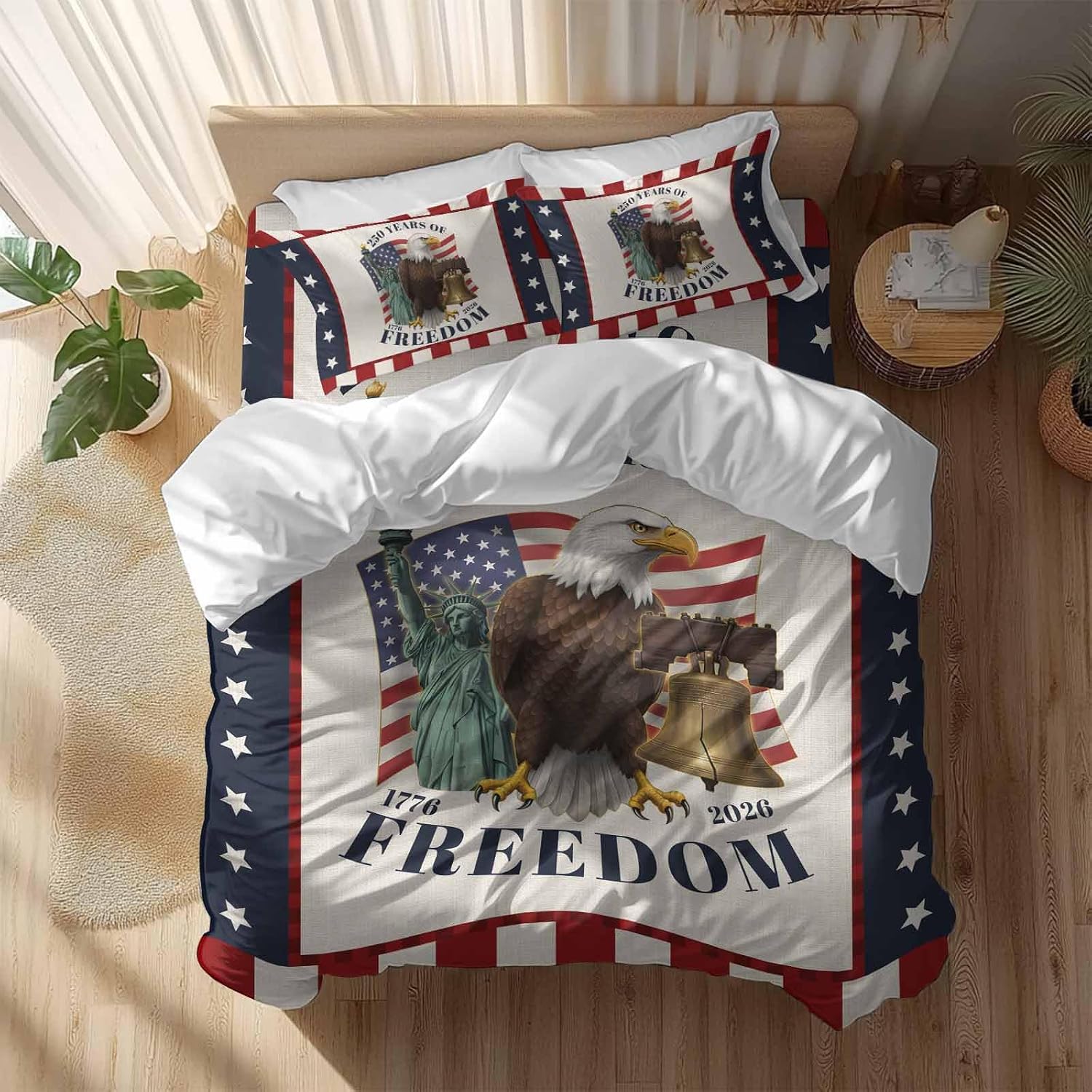 250 Years of Freedom Duvet Cover Set Queen Size 4 Pieces Independence Day Bald Eagle Star Stripe Bedding Set with Zipper Closure, 1 Comforter Cover 90x92 Inches 1 Flat Sheet & 2 Pillow Cases