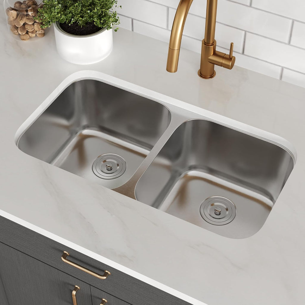 DeerValley 32 Inch Undermount Double Bowl Kitchen Sink 50/50 18 Gauge Stainless Steel Kitchen Sink Spacious Double Basin Design Sinks with Basket Strainer Undermount Sinks for Modern Kitchens