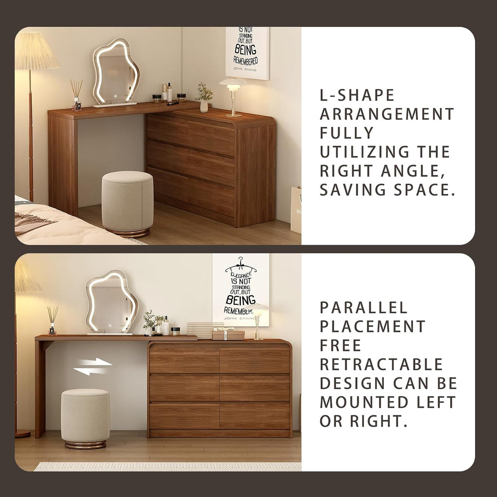 Messenya Makeup Vanity Desk with Cloud HD Mirror and Lights, 50-94in Extendable Modern Vanity Table Set with Chair, 6-Drawer Storage Cabinet with Rounded Corners, Dressing Table for Bedroom, Brown