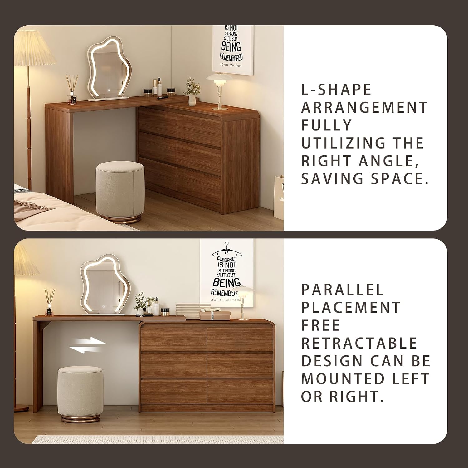 Messenya Makeup Vanity Desk with Cloud HD Mirror and Lights, 50-94in Extendable Modern Vanity Table Set with Chair, 6-Drawer Storage Cabinet with Rounded Corners, Dressing Table for Bedroom, Brown