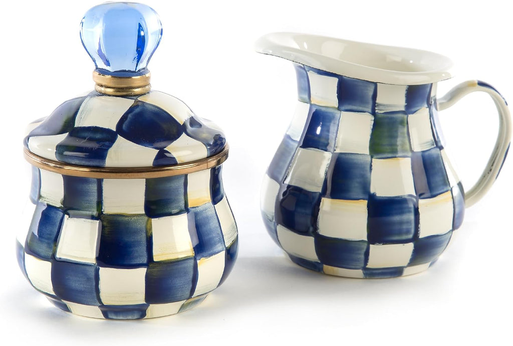 MACKENZIE-CHILDS Enamel Creamer and Sugar-Bowl Set, Cream Dispenser and Sugar Holder, Unique Kitchen Decor, Blue-and-White Royal Check