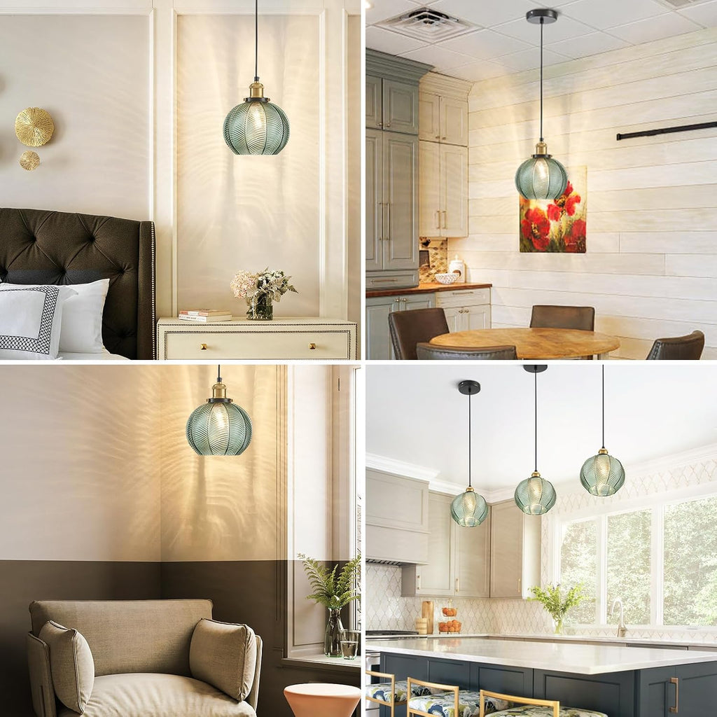 7.8in Vintage Pendant Light 3-Light Kitchen Sink Pendant Lights with Green Hand Blown Glass Small Hanging Lamp for Kitchen Island Dining Room Bedroom Bathroom Hallway E26