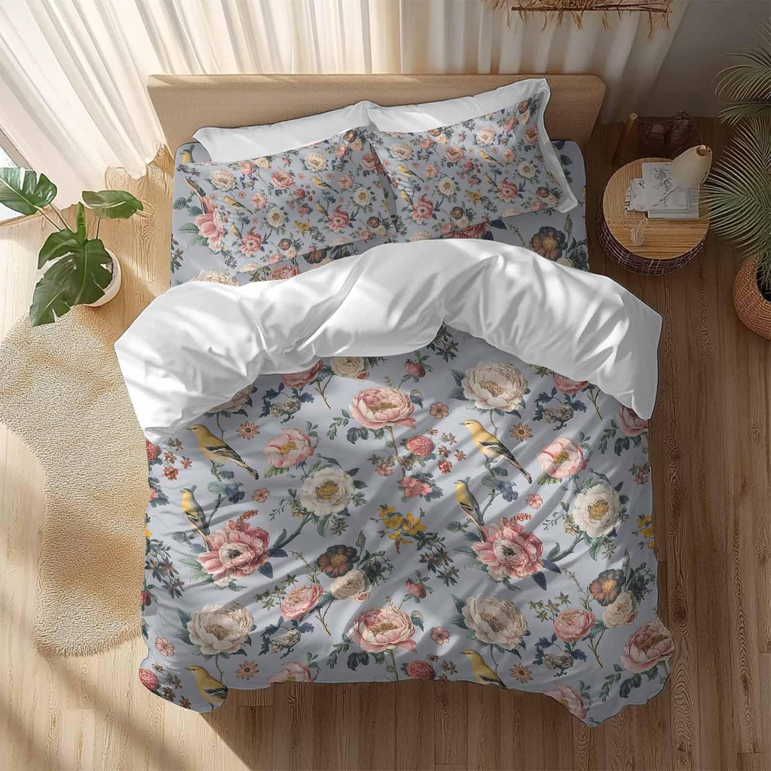 White Pink Flowers Duvet Cover Set Queen Size 4 Pieces Ethnic Retro White Floral Birds Light Purple Bedding Set with Zipper Closure, 1 Comforter Cover 92x106 Inches 1 Flat Sheet & 2 Pillow Cases