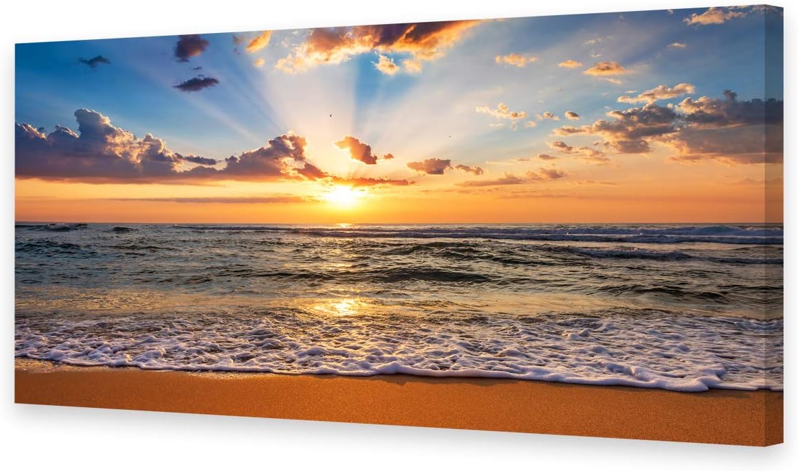 Muolunna BK1875 Wall Art Decor Large Canvas Print Picture Sunrise Ocean Beach 1 Panel Waves Scenery Painting Artwork for Office Wall Decor Home Decoration Stretched and Framed Ready to Hang XLarge