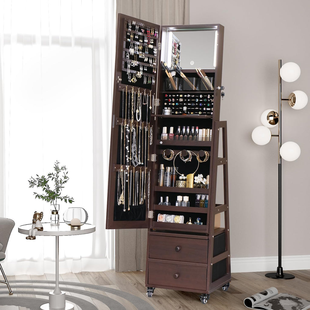 Rotating Standing Jewelry Cabinet with Lockable,Full Length Mirror with Storage Large Capacity Jewelry Organizer Armoire Floor Mirror with Back Storage Shelves for Bedroom Brown