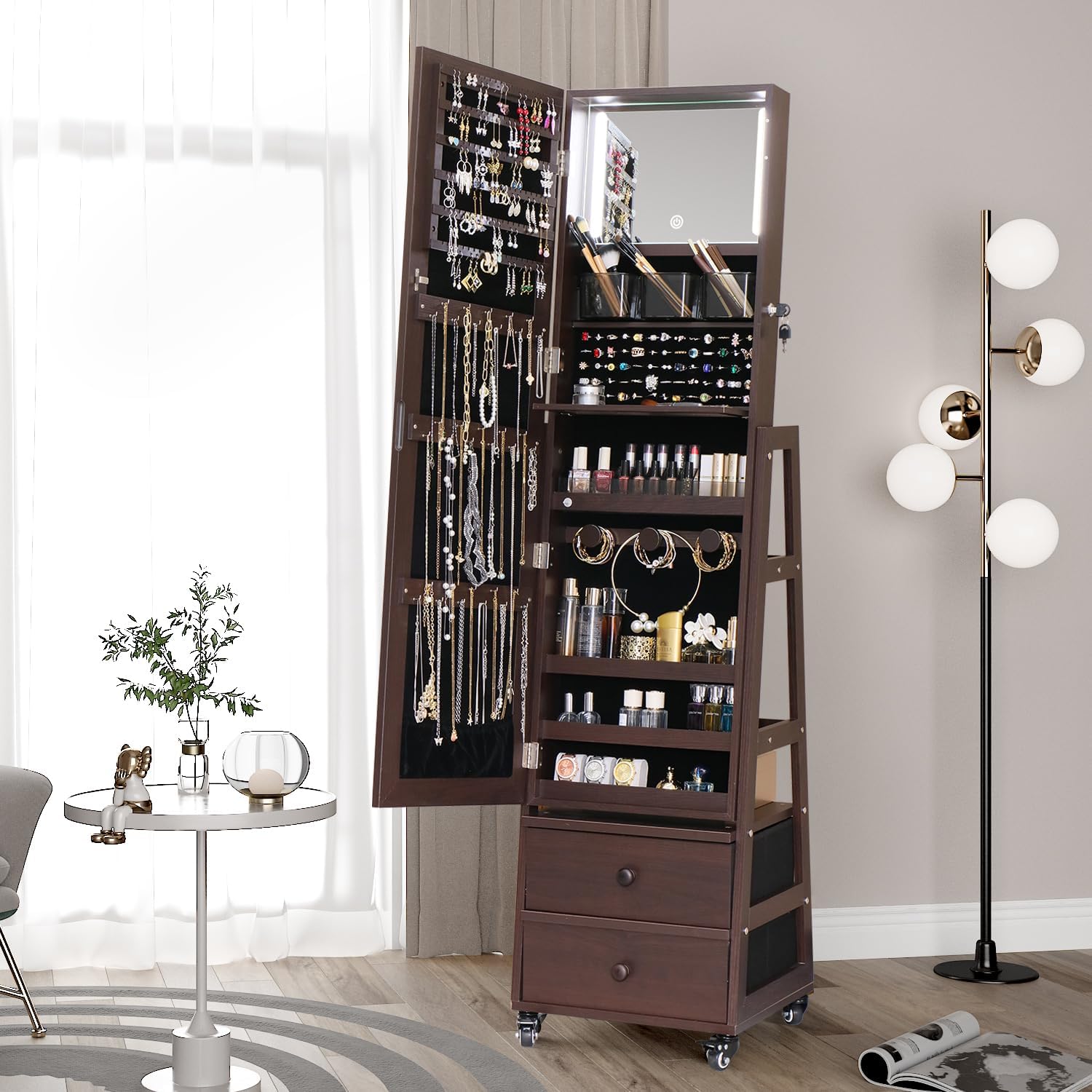 Rotating Standing Jewelry Cabinet with Lockable,Full Length Mirror with Storage Large Capacity Jewelry Organizer Armoire Floor Mirror with Back Storage Shelves for Bedroom Brown