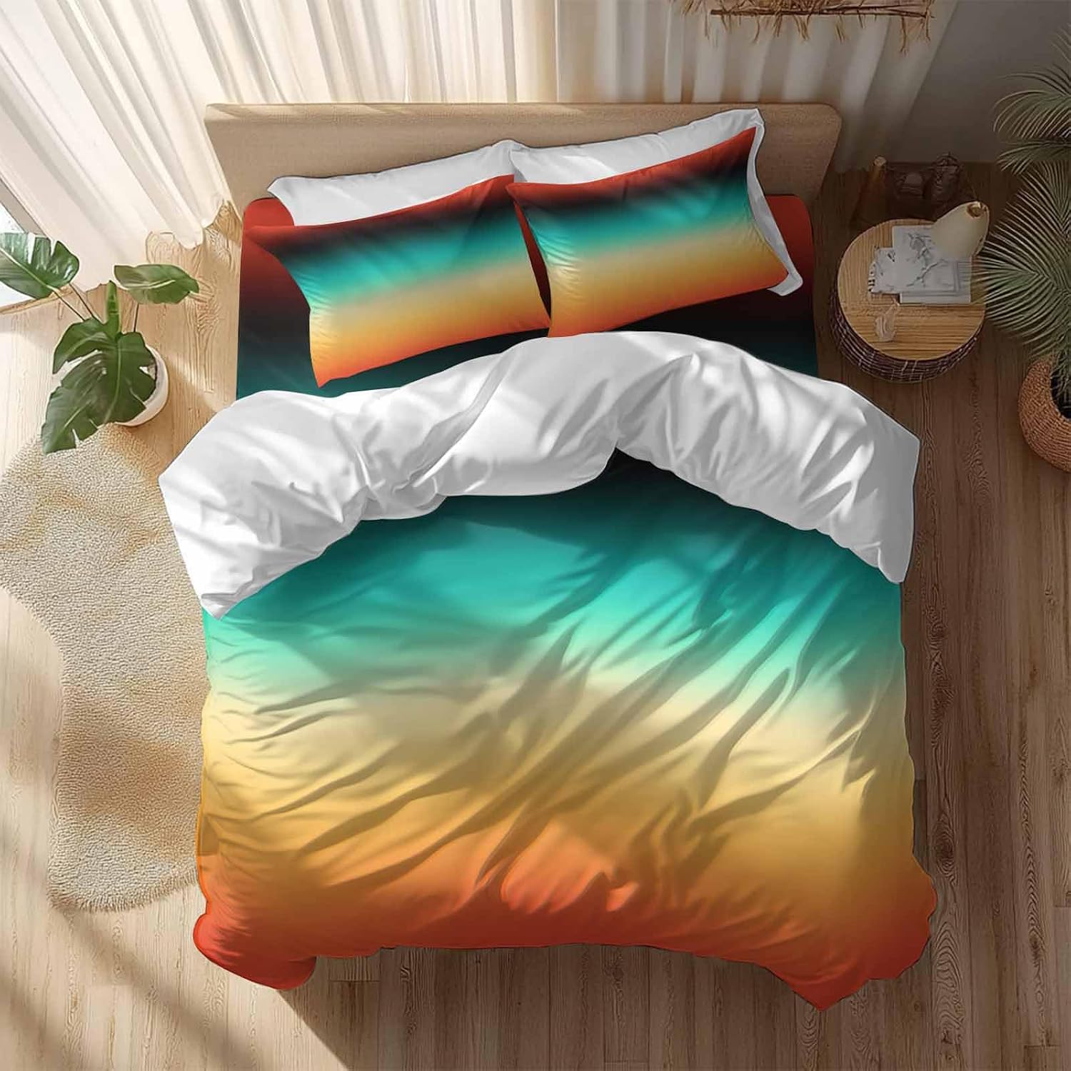 Bohemian Gradient Green Duvet Cover Set Queen Size 4 Pieces Modern Minimalist Orange Yellow Black Ocean Beach Bedding Set with Zipper Closure,1 Comforter Cover 92x106 Inch 1 Flat Sheet&2 Pillow Cases