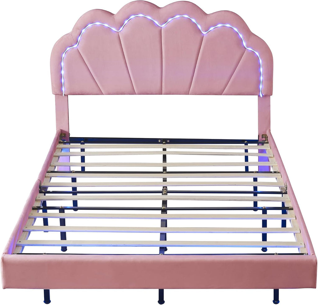 2-Pieces Bedroom Sets,Full Size Upholstered Led Platform Bed with Storage Ottoman,Easy to Assemble,No Box Spring Needed (Pink-4)