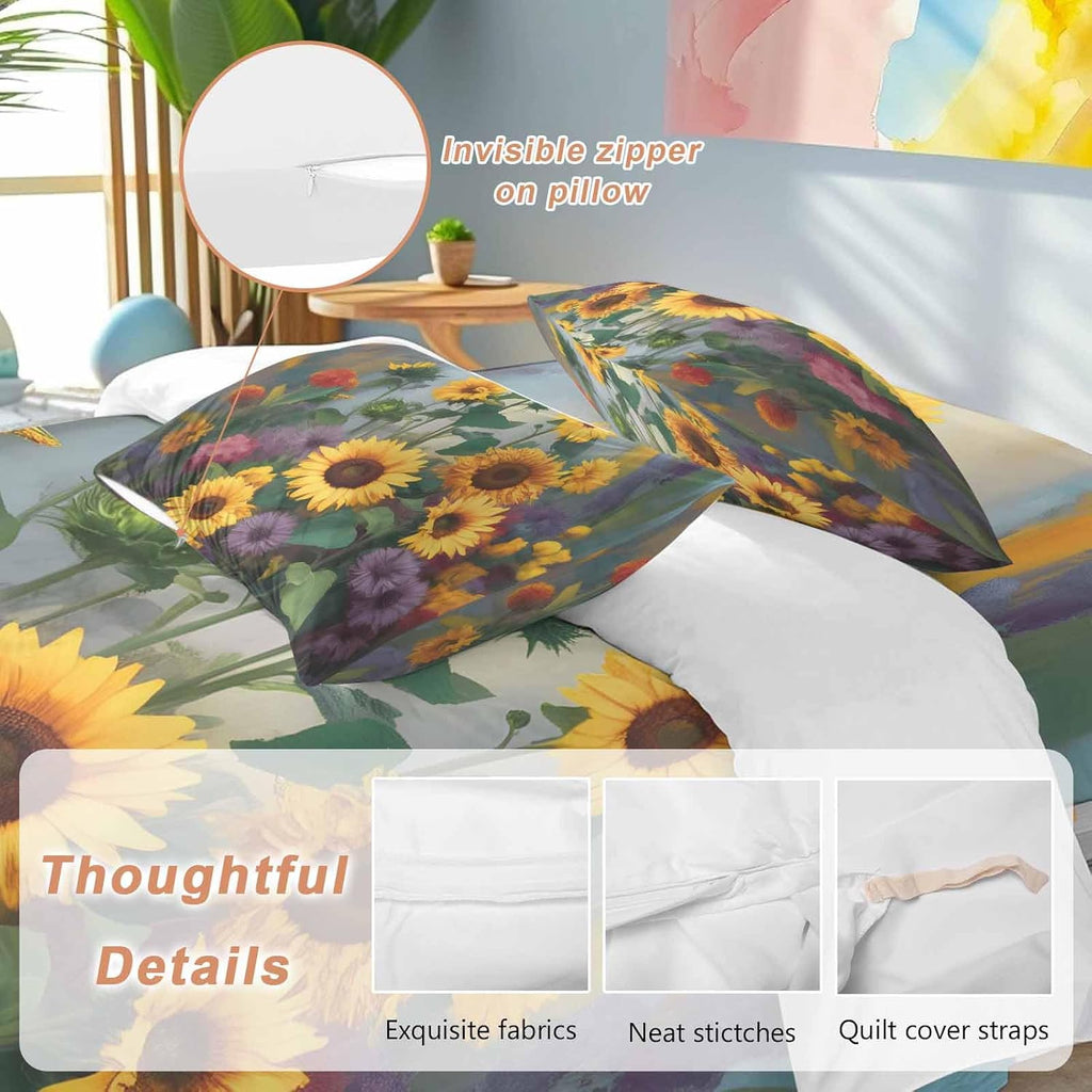 Spring Florals Duvet Cover Set Queen Size 4 Pieces Watercolor Sunflowers Country Green Leaves Bedding Set with Zipper Closure, 1 Comforter Cover 92x106 Inches 1 Flat Sheet & 2 Pillow Cases
