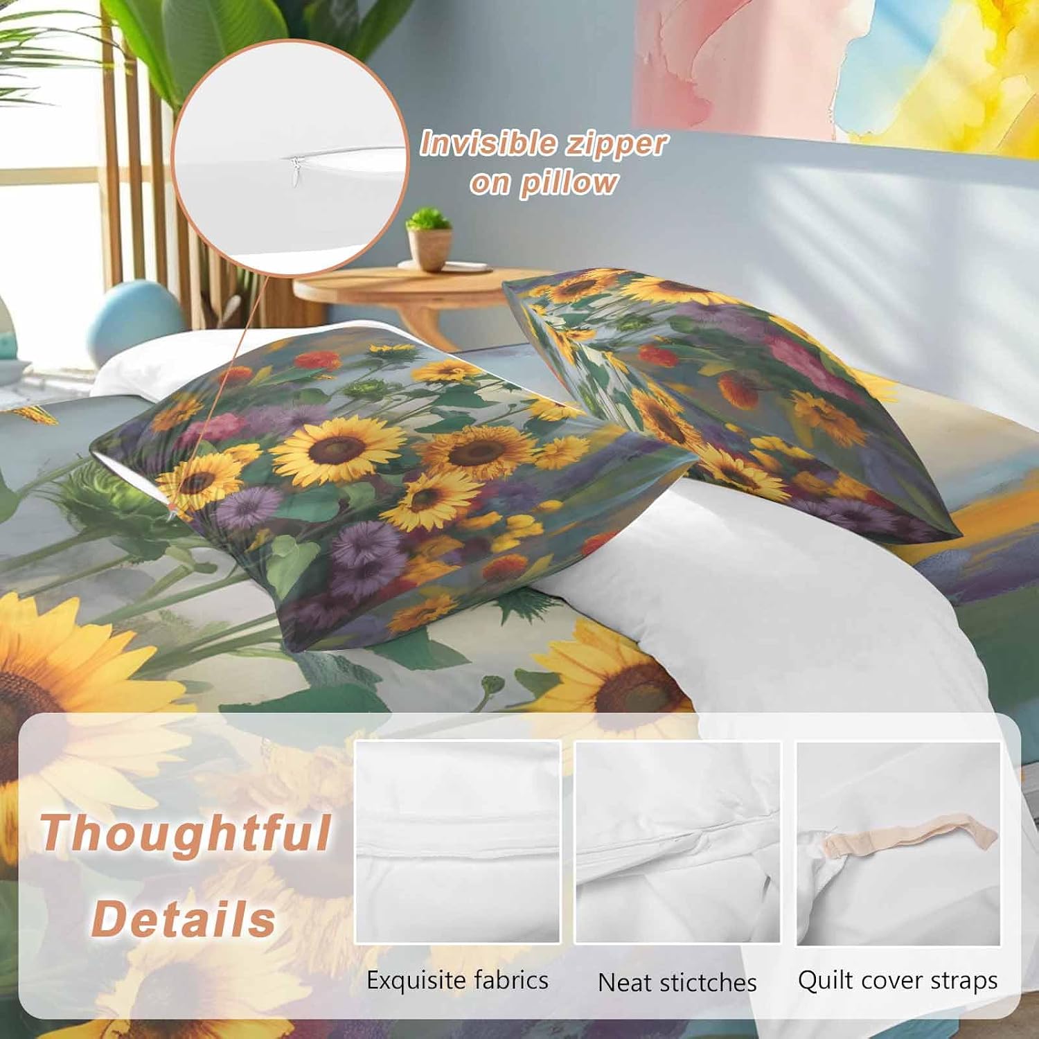Spring Florals Duvet Cover Set Queen Size 4 Pieces Watercolor Sunflowers Country Green Leaves Bedding Set with Zipper Closure, 1 Comforter Cover 92x106 Inches 1 Flat Sheet & 2 Pillow Cases