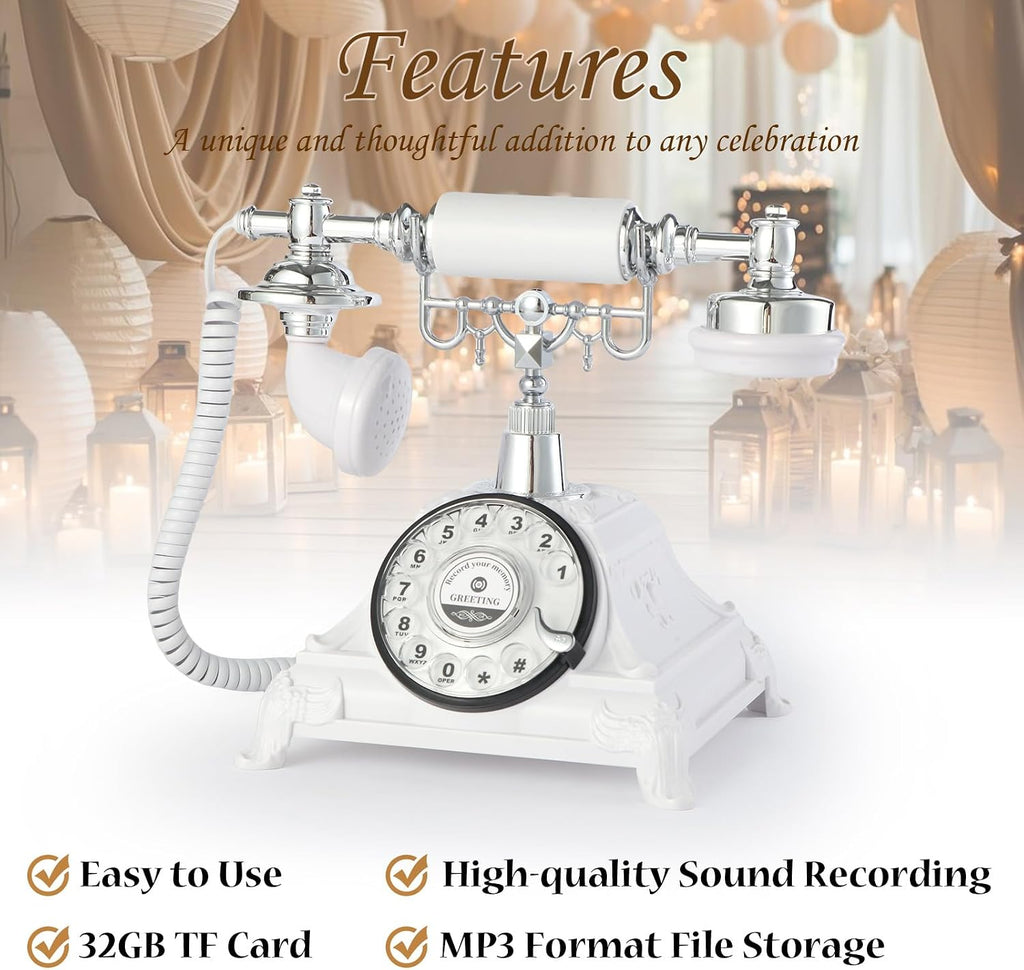 Audio Guest Book Wedding Phone, Audio Guest Book Record Customized Audio Messages Guest Book Alternatives Classic Rotary Phone for Parties Birthdays Rentals Confessions Special Occasions (White)