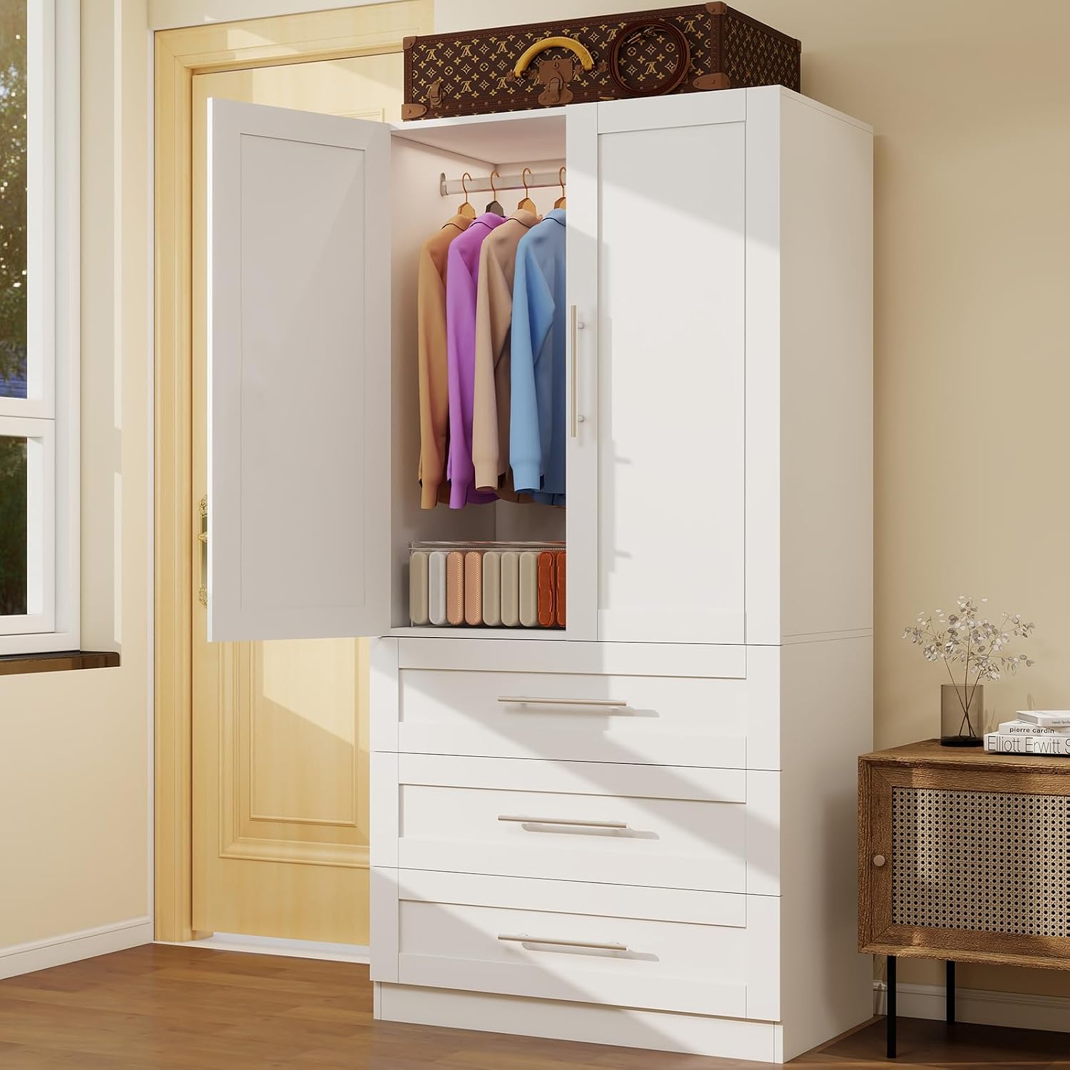 Armoire Wardrobe Closet with 3 Deep Drawers and Doors 71' Clothing Storage Cabinet with Hanging Rod Wooden Wardrobe Cabinet for Bedroom, Large Capacity Storage White