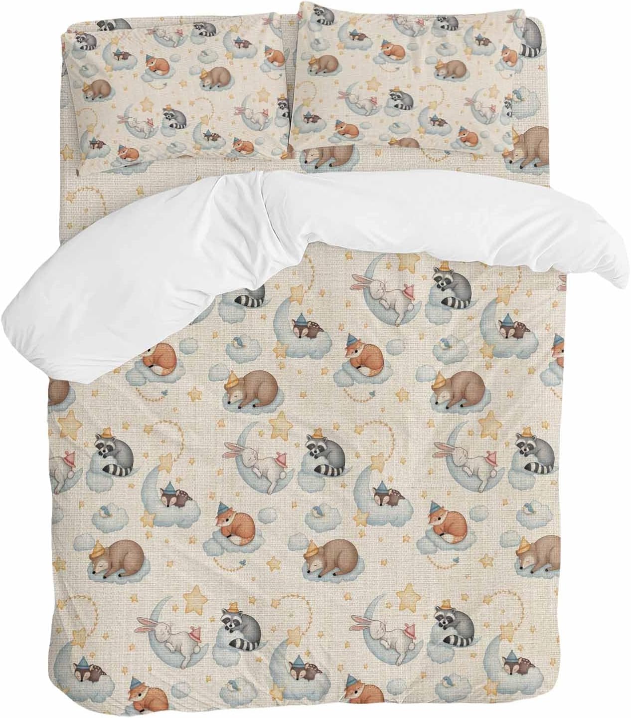 Cartoons Animals Duvet Cover Set Queen Size 4 Pieces Watercolor Fox Sleeping Raccoon Cute Rabbit Bedding Set with Zipper Closure, 1 Comforter Cover 92x106 Inches 1 Flat Sheet & 2 Pillow Cases