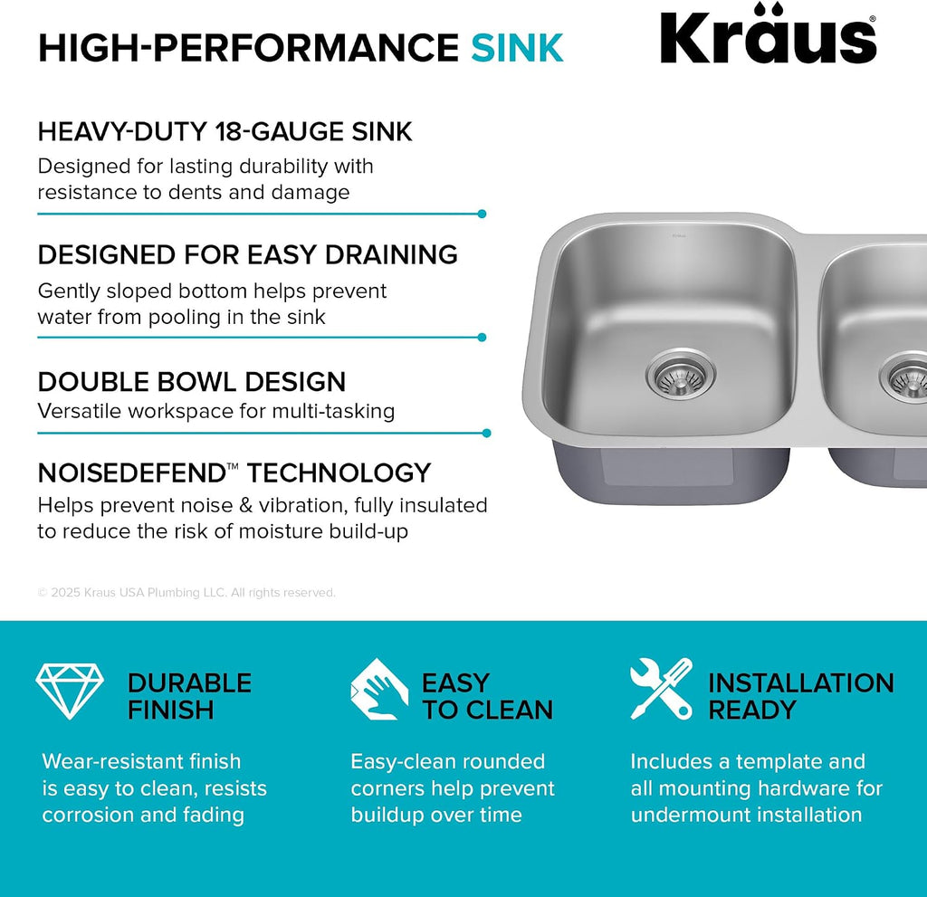 KRAUS Premier 32-inch Undermount 60/40 Double Bowl with Low Divider 18-Gauge Stainless Steel Kitchen Sink with Strainers (x2), KBU24
