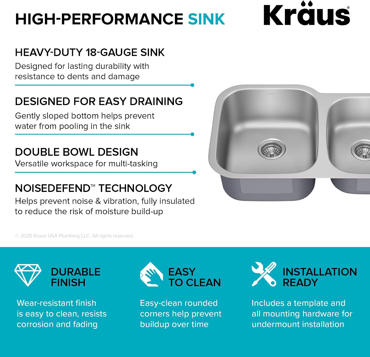 KRAUS Premier 32-inch Undermount 60/40 Double Bowl with Low Divider 18-Gauge Stainless Steel Kitchen Sink with Strainers (x2), KBU24