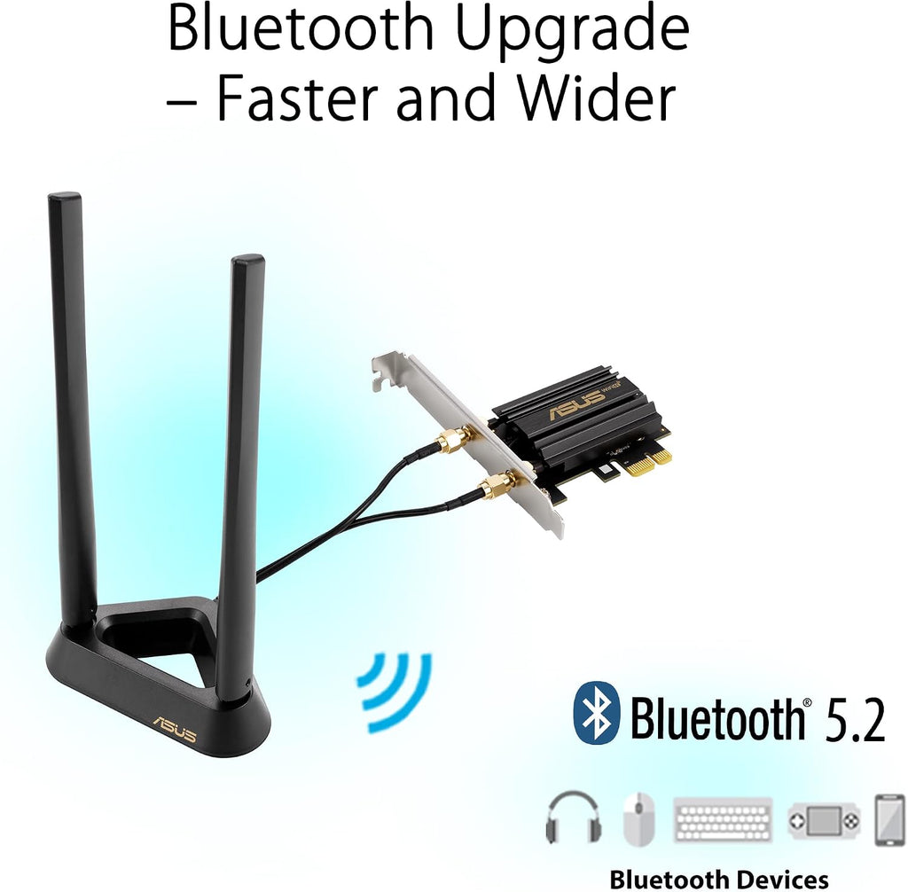 ASUS PCE-AXE59BT WiFi6 6E AX5400 PCI-E Adapter with 2 External Antennas and magnetized Base. Supporting 6GHz Band, 160MHz, Bluetooth 5.2, WPA3 Network Security, OFDMA and MU-MIMO