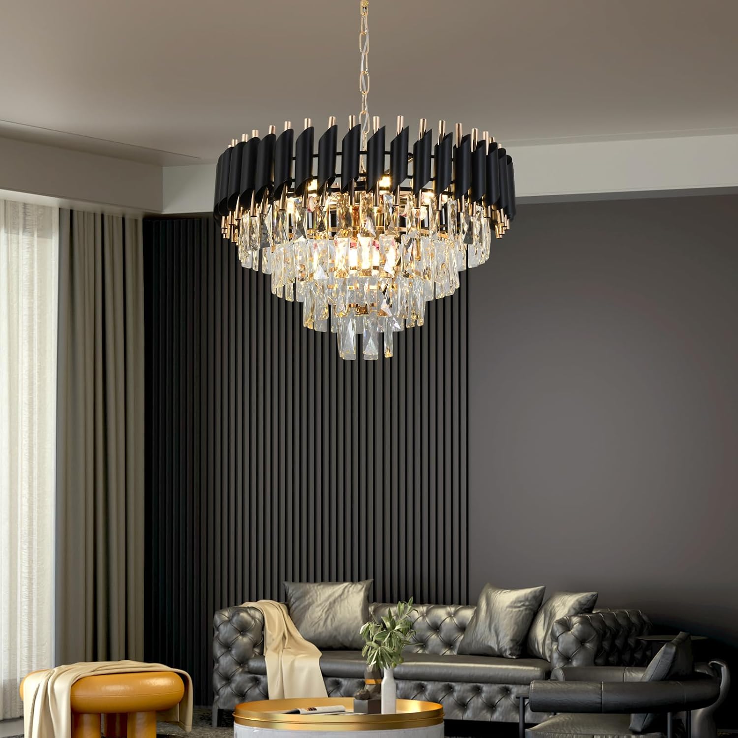 Modern Crystal Chandelier, 9-Light Black and Gold Round Pendant Light Fixture, 23.6' Luxury Hanging Ceiling Light for Dining Room, Living Room, Kitchen Island, Bedroom, Entryway, E12 Base