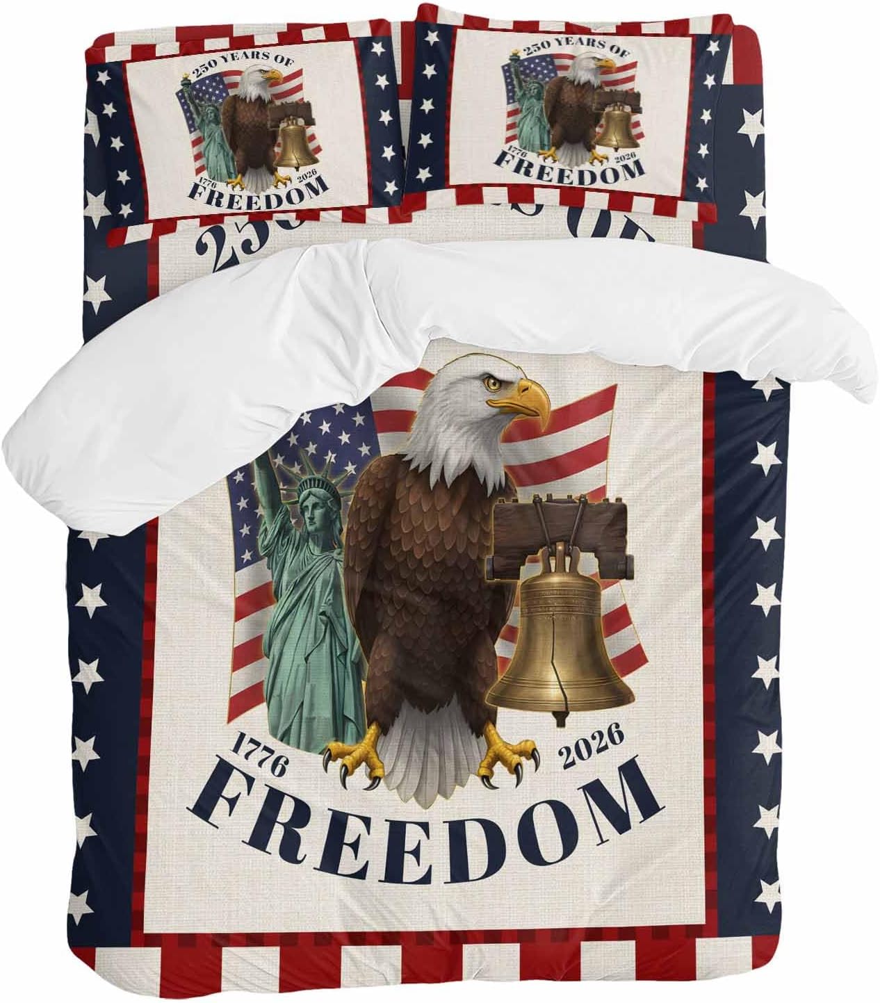 250 Years of Freedom Duvet Cover Set Queen Size 4 Pieces Independence Day Bald Eagle Star Stripe Bedding Set with Zipper Closure, 1 Comforter Cover 90x92 Inches 1 Flat Sheet & 2 Pillow Cases