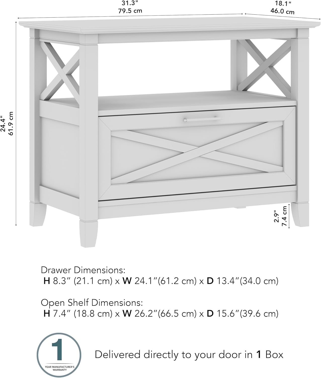 Bush Home 32-Inch Nightstand with Drawer, Farmhouse X Design Bedside Table for Bedroom and Living Room Storage and Organization, Small End Table Furniture, Key West Collection, Pure White Oak