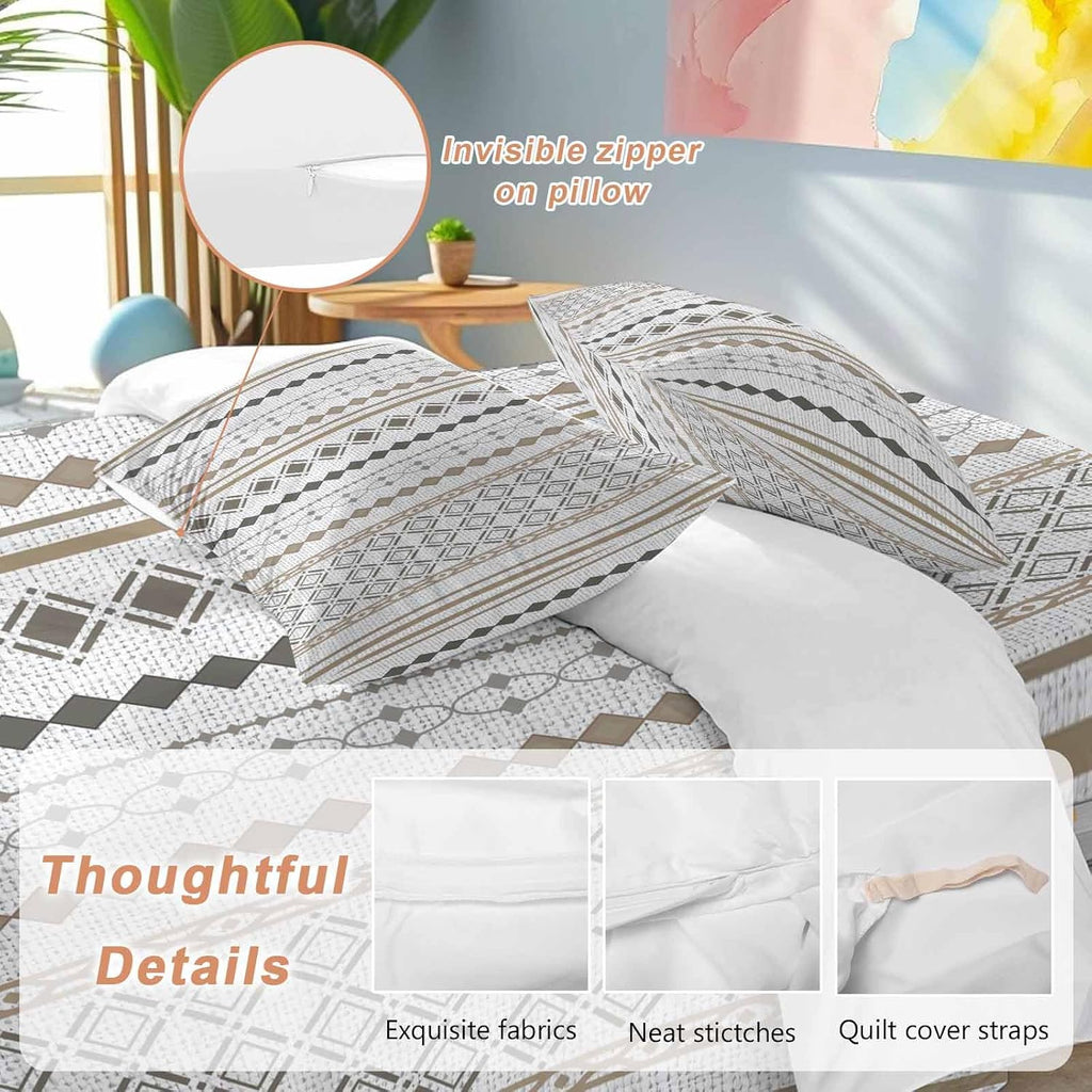 Bohemia Geometric Duvet Cover Set Queen Size 4 Pieces Brown Stripes Diamond Ethnic Linen Texture Bedding Set with Zipper Closure, 1 Comforter Cover 92x106 Inches 1 Flat Sheet & 2 Pillow Cases