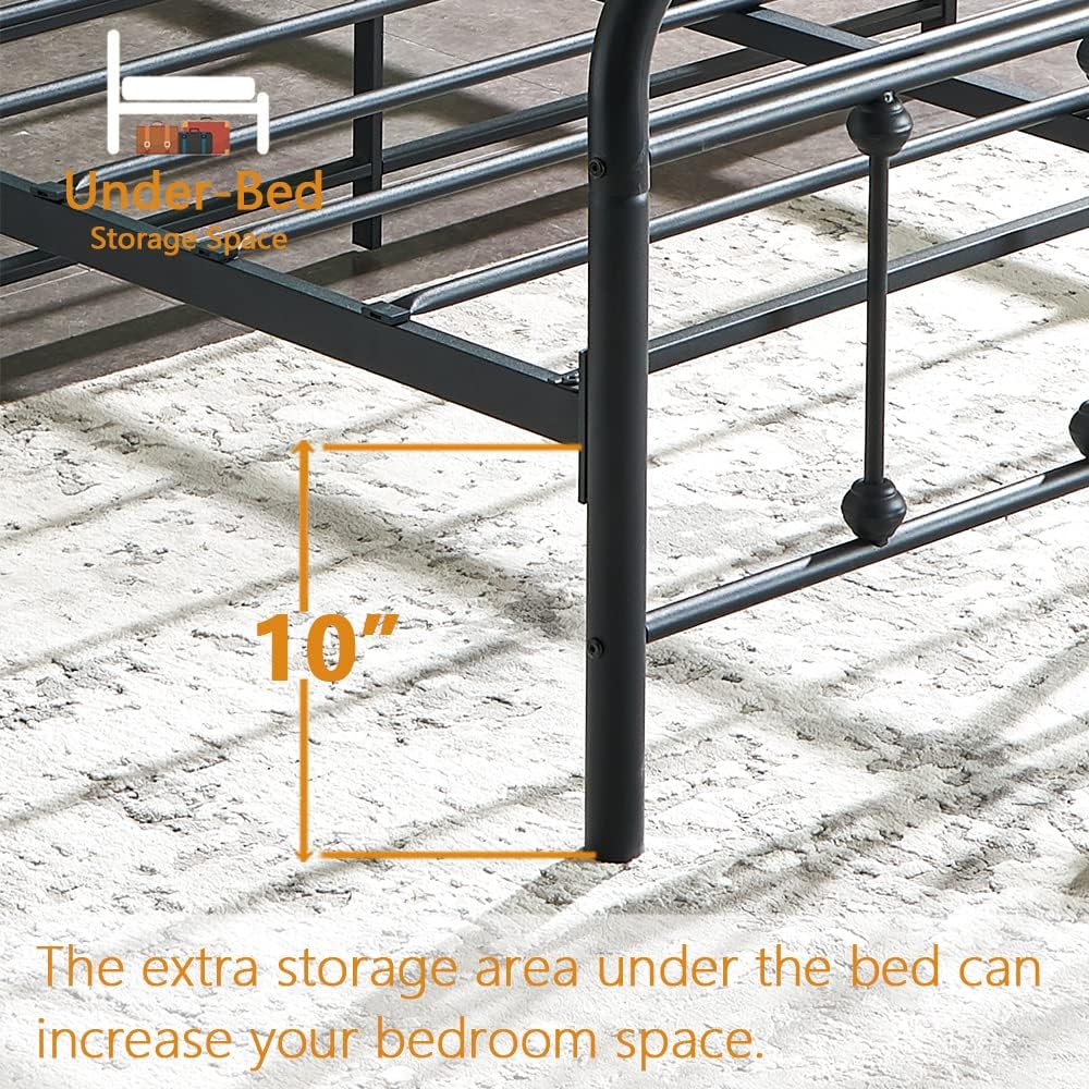 Full Size Metal Bed Frame with Vintage Headboard and Footboard, Premium Stable Steel Slat Support Mattress Foundation, No Box Spring Needed and Easy Assembly, Black (Full).