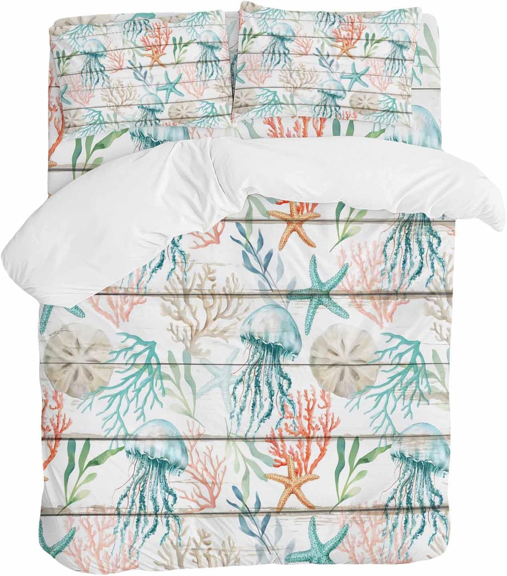 Prime Leader Teal Jellyfish Starfish Duvet Cover Set Queen Size 4 Pieces Summer Beach Coral Shell Board Bedding Set with Zipper Closure, 1 Comforter Cover 90x92 Inches 1 Flat Sheet & 2 Pillow Cases