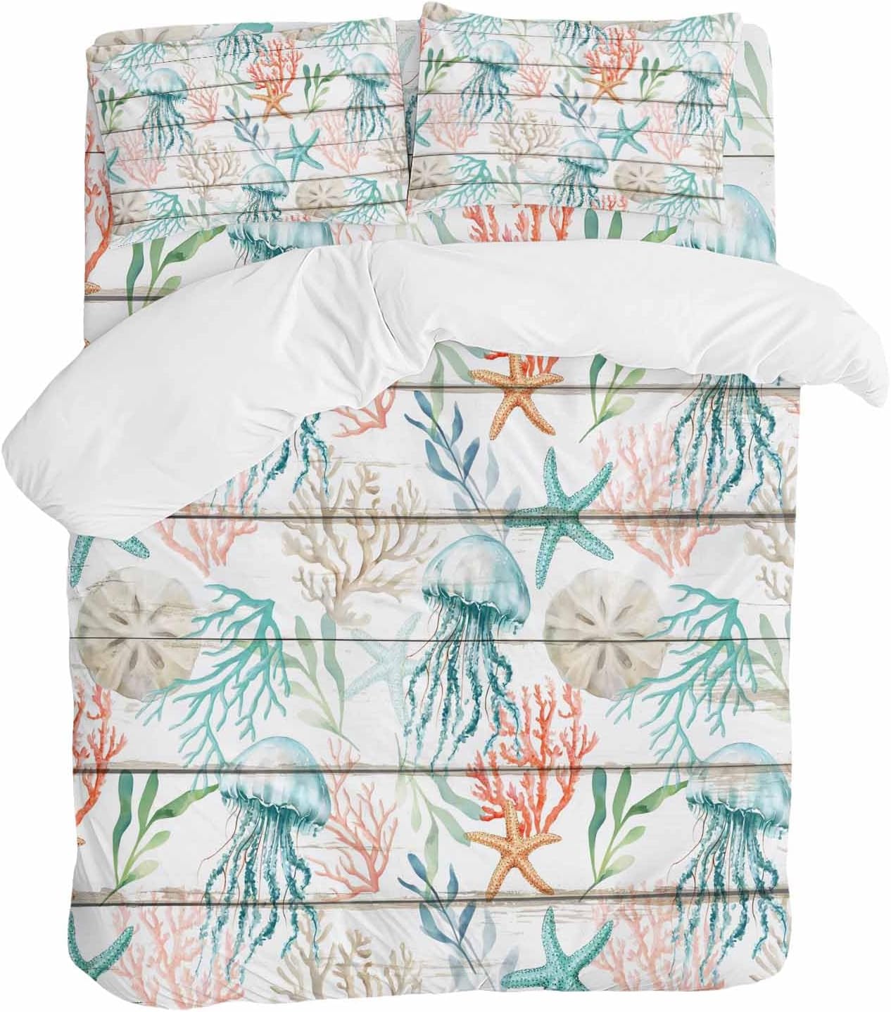 Prime Leader Teal Jellyfish Starfish Duvet Cover Set Queen Size 4 Pieces Summer Beach Coral Shell Board Bedding Set with Zipper Closure, 1 Comforter Cover 90x92 Inches 1 Flat Sheet & 2 Pillow Cases