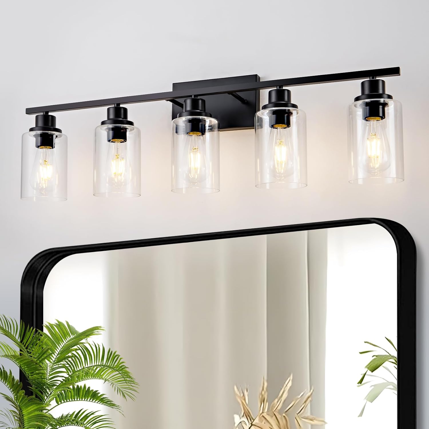 5 Light Bathroom Light Fixtures Black Vanity Light Over Mirror Modern Farmhouse Wall Lighting Sconces Wall Lamp for Bathroom, Bedroom, Living Room E26 Socket with Glass Shade
