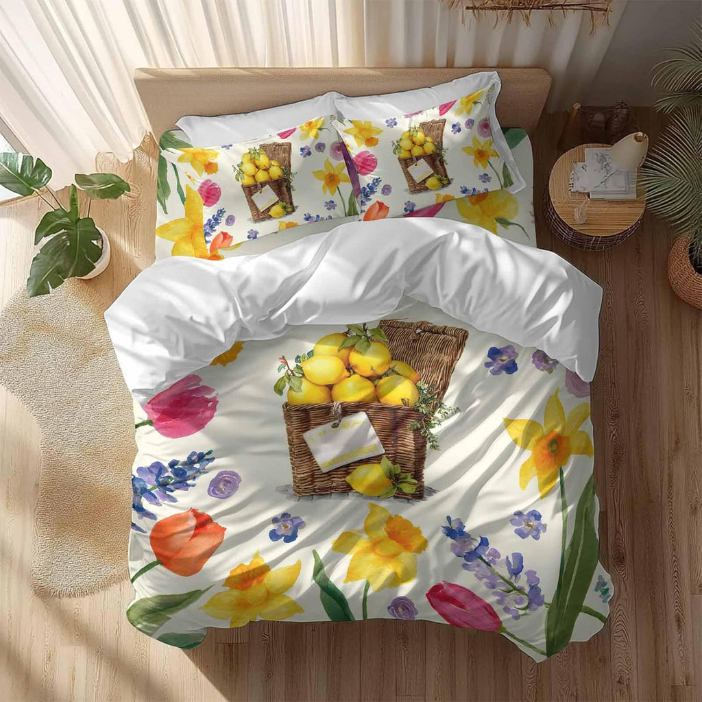 Spring Floral Duvet Cover Set Queen Size 4 Pieces Watercolor Lemon Oil Painting Flowers Farmhouse Bedding Set with Zipper Closure, 1 Comforter Cover 90x92 Inches 1 Flat Sheet & 2 Pillow Cases