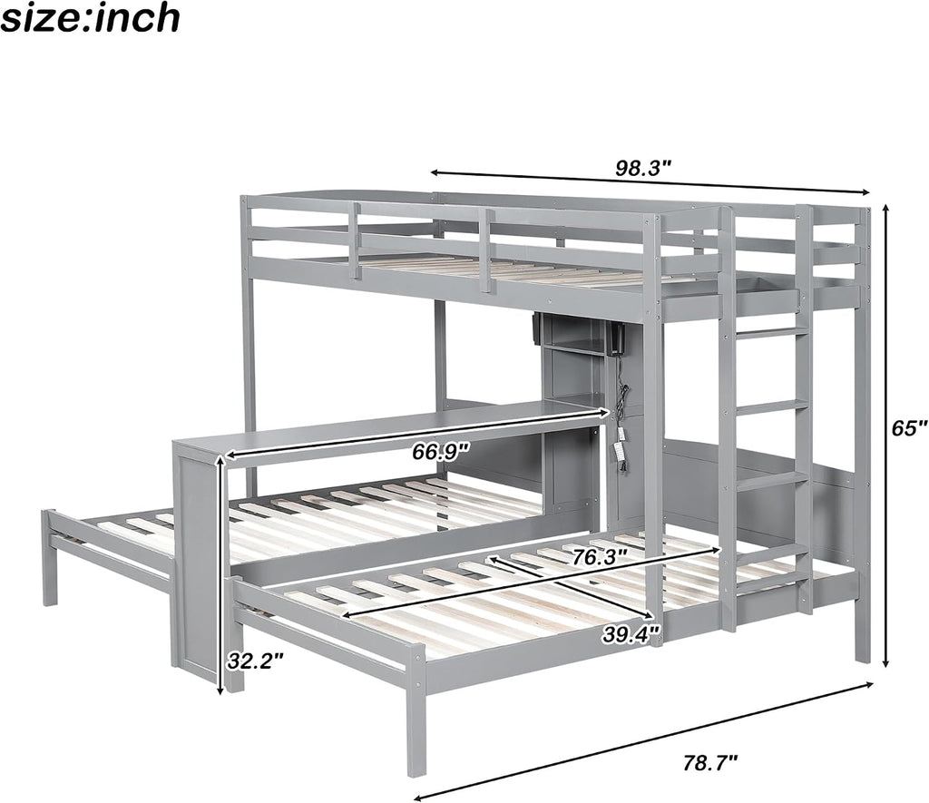 VilroCaz Twin Over Twin & Twin Bunk Bed with Built-in Desk and Storage Shelves, 3 Beds in 1 Design Solid Wood Triple Bunk Bed with Reading Lamp and Guardrails for Kids Teens Aldults (Gray-2.14)