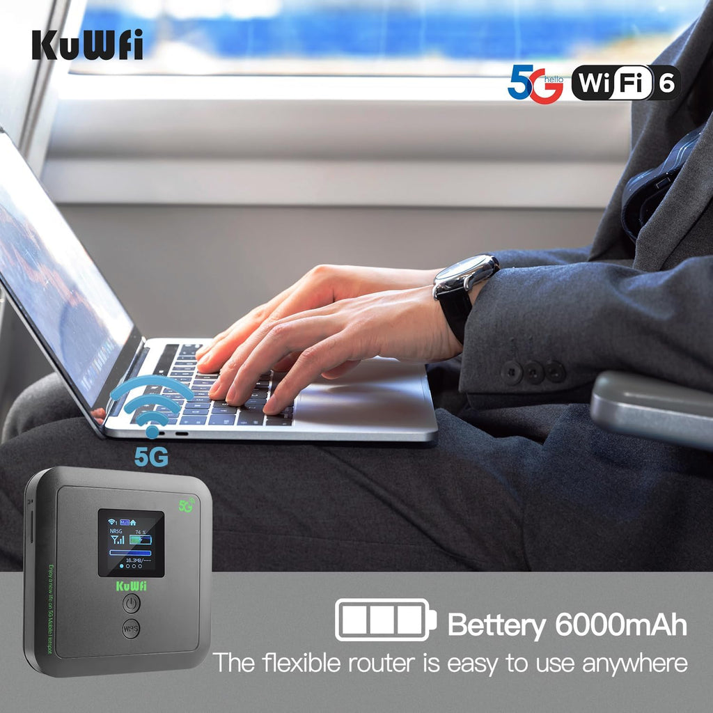 KuWFi Ultra-Fast eSIM Router Portable 5G WiFi 6 Mobile Hotspot|Unlocked WiFi Pocket with 6000mAh|3000Mbps SIM Router 5G for RV & Travel|Hotspot Supports eSIM/SIM Slot&32 Devices|Compatible with AT&T