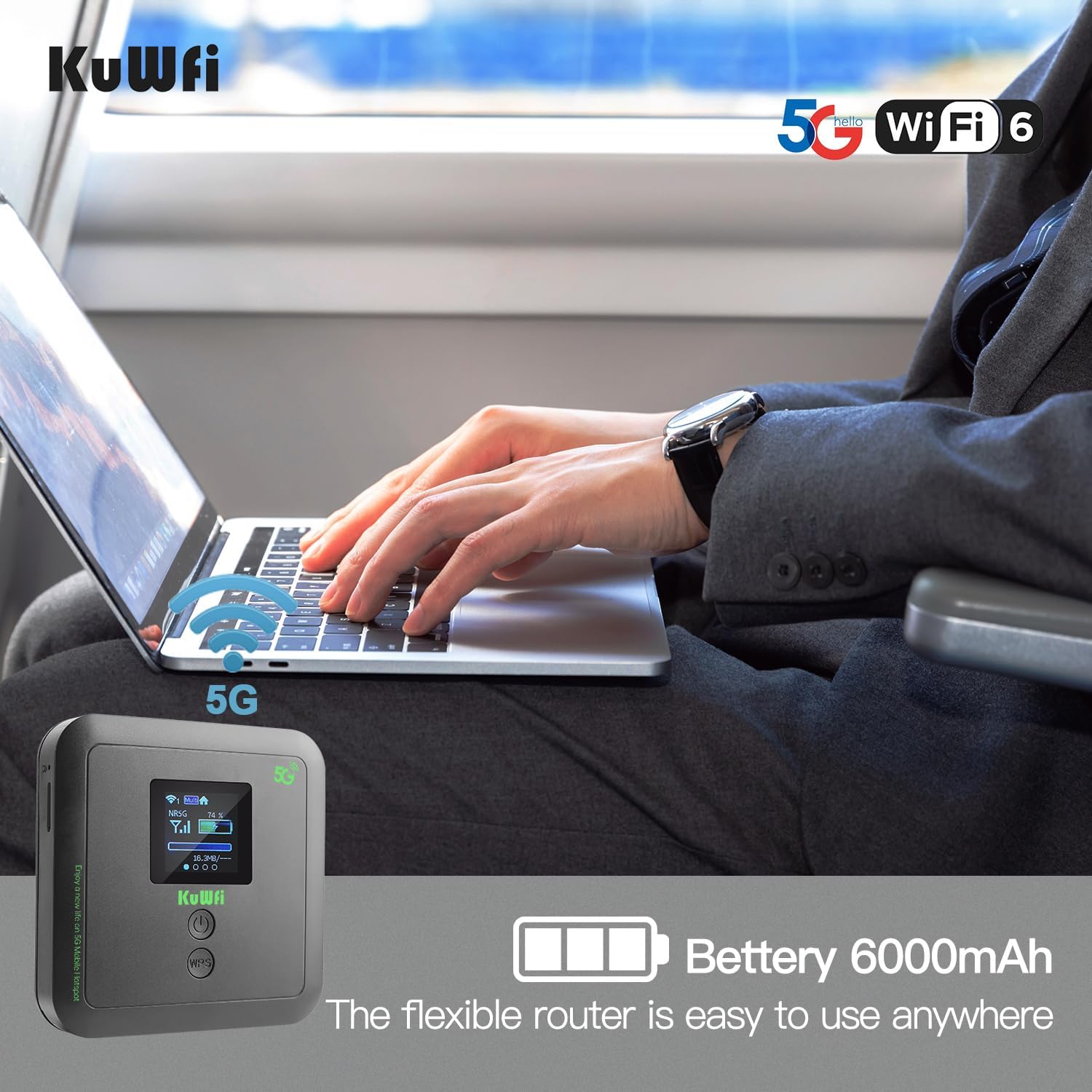 KuWFi Ultra-Fast eSIM Router Portable 5G WiFi 6 Mobile Hotspot|Unlocked WiFi Pocket with 6000mAh|3000Mbps SIM Router 5G for RV & Travel|Hotspot Supports eSIM/SIM Slot&32 Devices|Compatible with AT&T