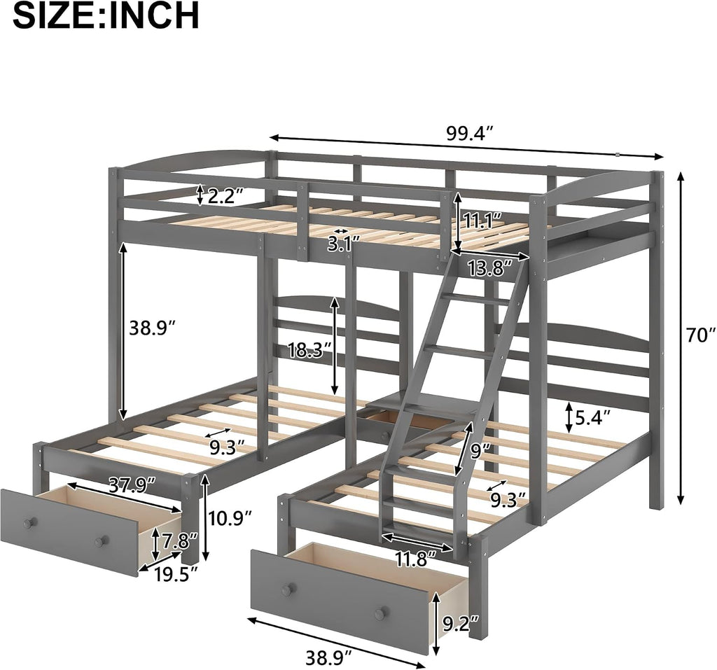Wood Triple Bed Bunk Bed with 2 Storage Drawers, 3-in 1 Full Over Twin & Twin Bunk Bed Frame with Built-in Middle Drawer, Guardrail Ladder for Kids Teens Adults, Maximized Space Design (Grey-full)
