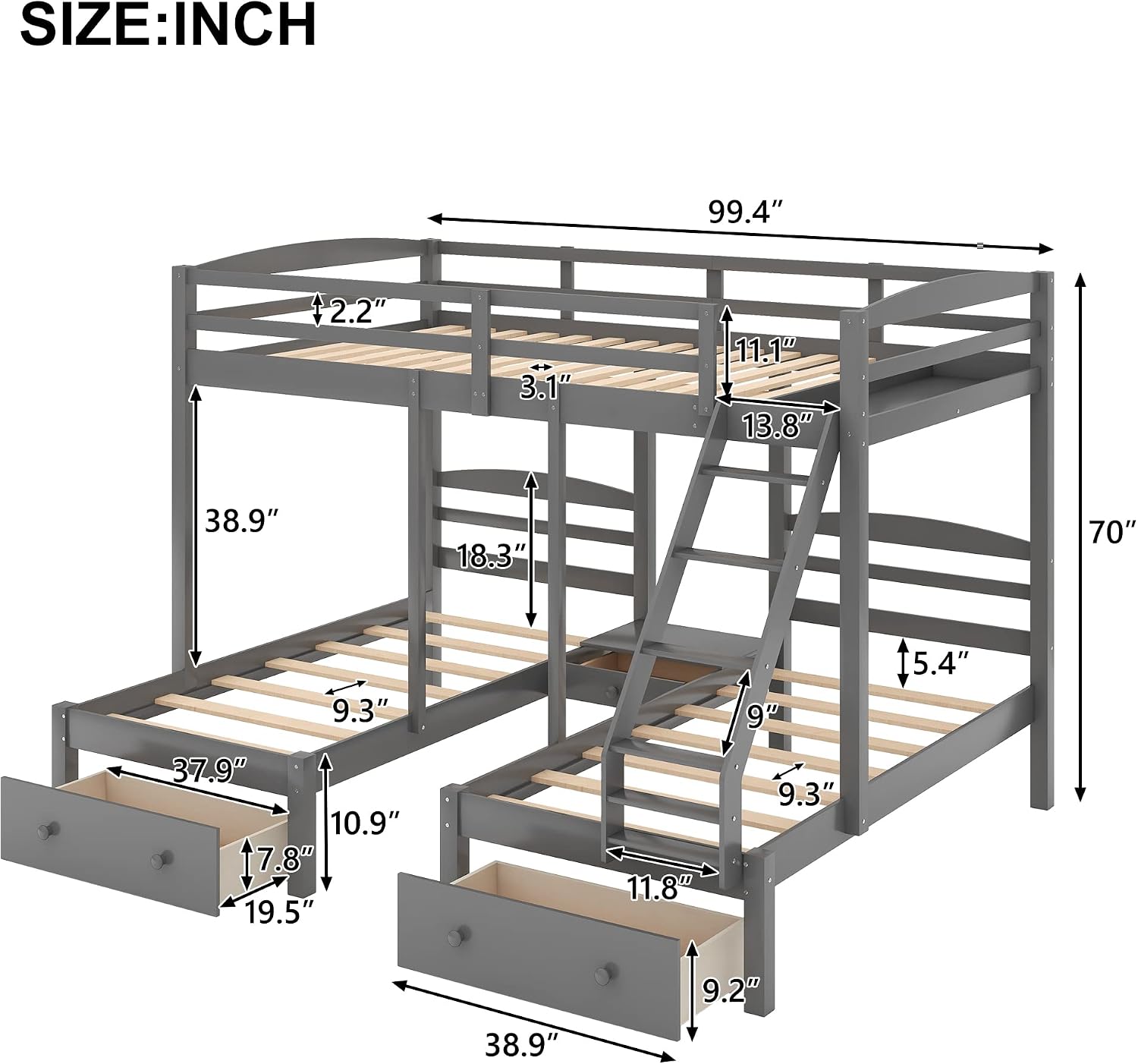 Wood Triple Bed Bunk Bed with 2 Storage Drawers, 3-in 1 Full Over Twin & Twin Bunk Bed Frame with Built-in Middle Drawer, Guardrail Ladder for Kids Teens Adults, Maximized Space Design (Grey-full)