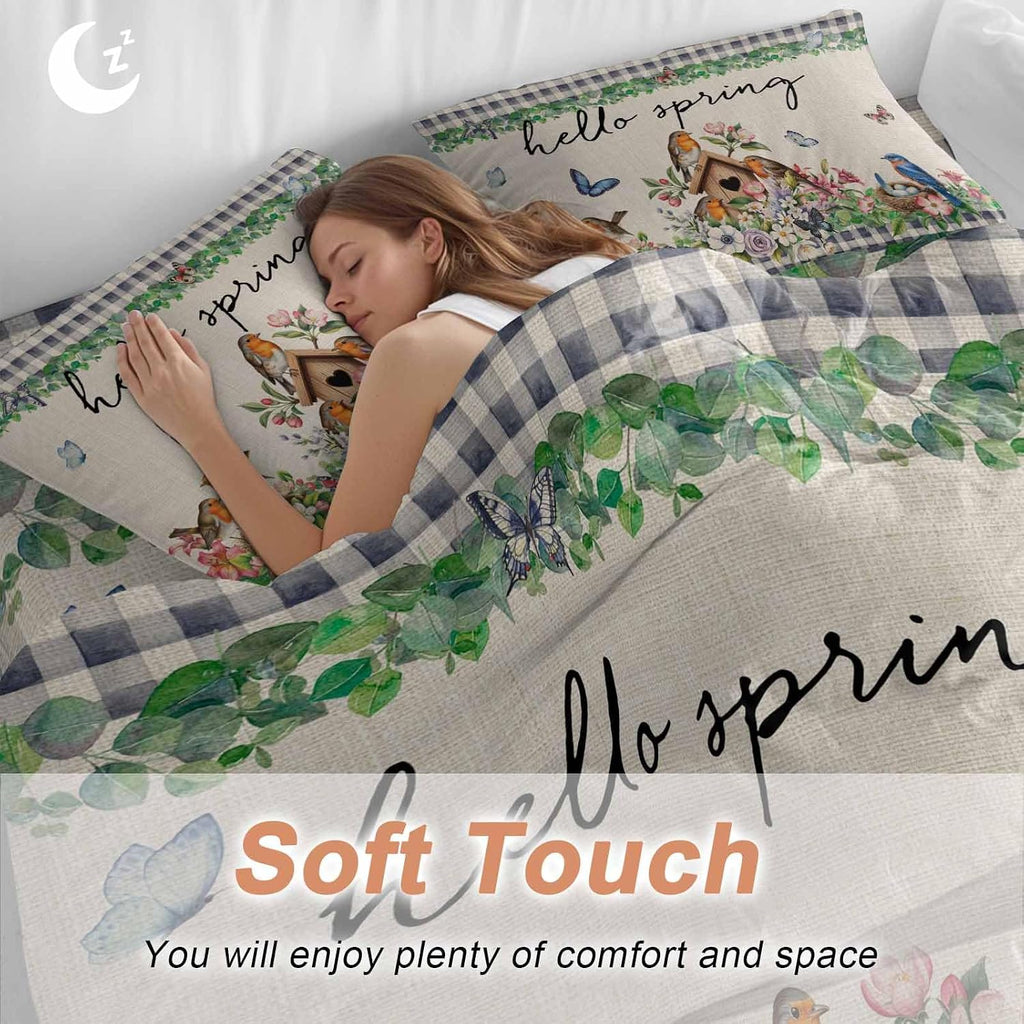 Hello Spring Duvet Cover Set Queen Size 4 Pieces Bird Pink White Flowers Butterflies Vintage Linen Texture Bedding Set with Zipper Closure,1 Comforter Cover 92x106 Inches 1 Flat Sheet & 2 Pillow Cases