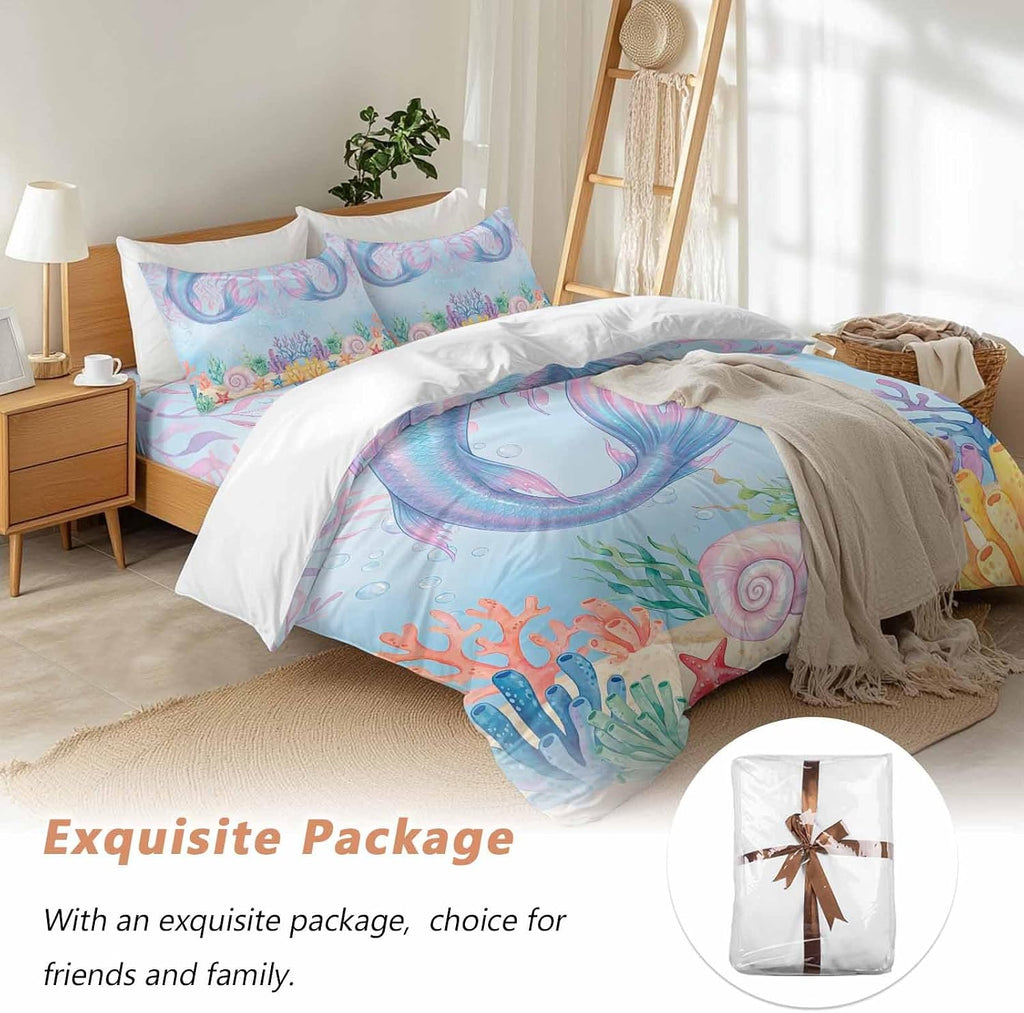 Ocean Marine Life Duvet Cover Set Queen Size 4 Pieces Watercolor Fish Tails Starfish Sea Nut Seagrass Bedding Set with Zipper Closure, 1 Comforter Cover 92x106 Inches 1 Flat Sheet & 2 Pillow Cases