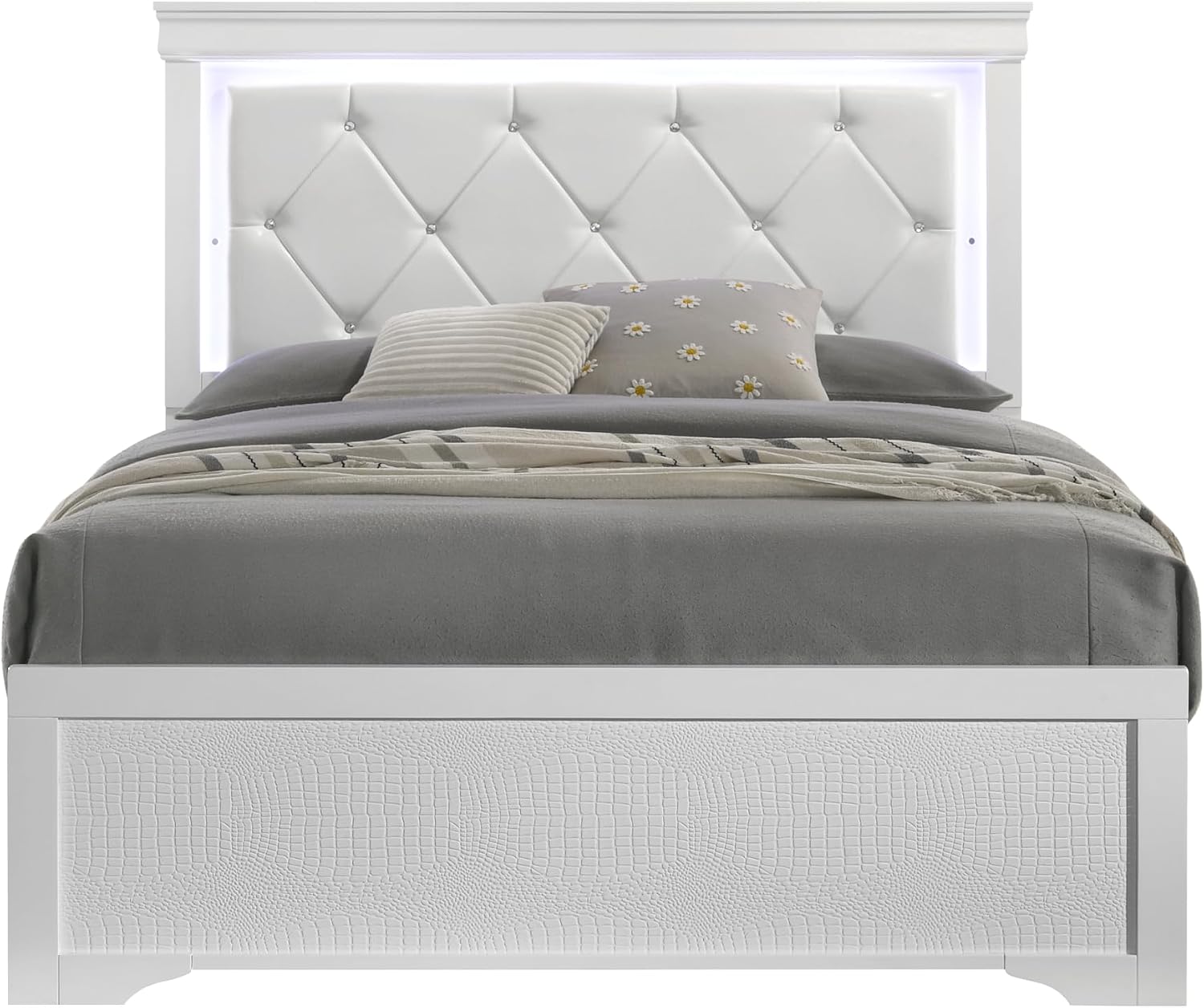 Upholstered Modern Style 5 Pc Full Bedroom Set with LED Headboard Made with Wood in White