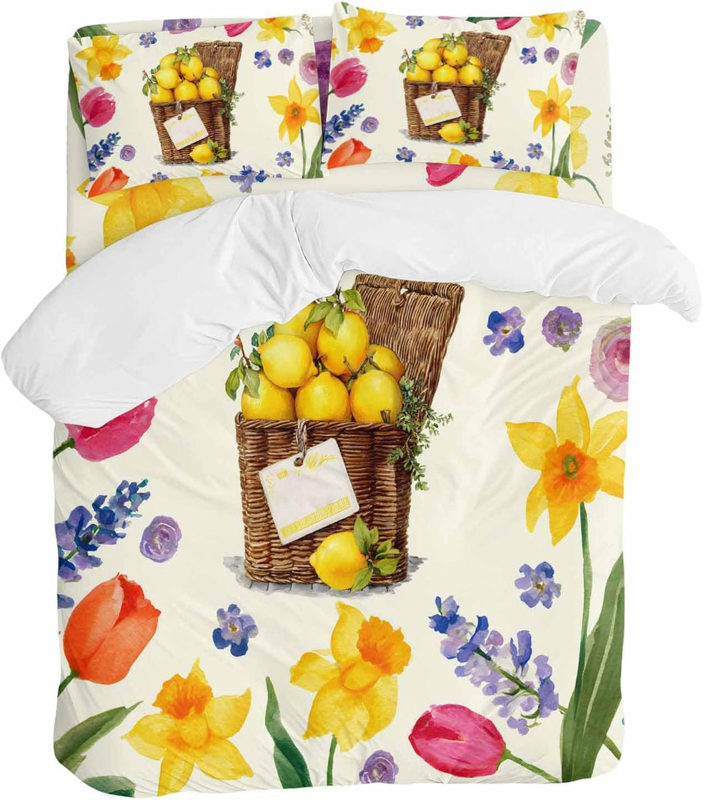 Spring Floral Duvet Cover Set Queen Size 4 Pieces Watercolor Lemon Oil Painting Flowers Farmhouse Bedding Set with Zipper Closure, 1 Comforter Cover 90x92 Inches 1 Flat Sheet & 2 Pillow Cases