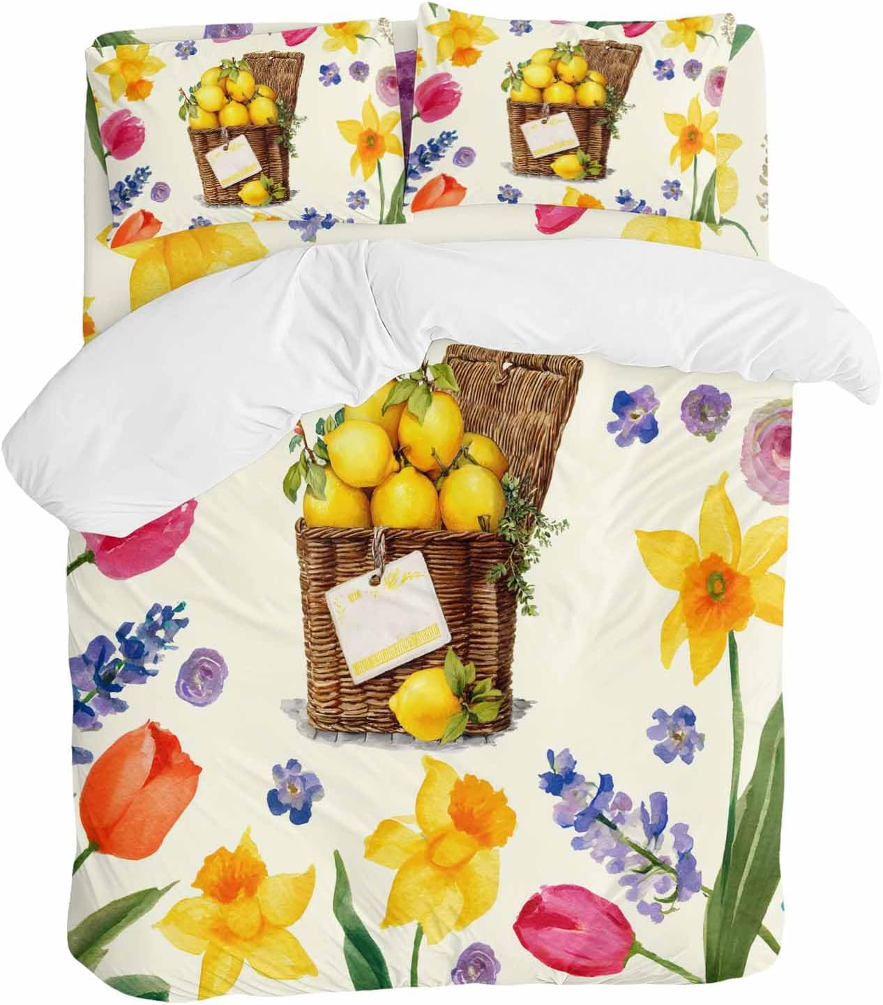 Spring Floral Duvet Cover Set Queen Size 4 Pieces Watercolor Lemon Oil Painting Flowers Farmhouse Bedding Set with Zipper Closure, 1 Comforter Cover 90x92 Inches 1 Flat Sheet & 2 Pillow Cases