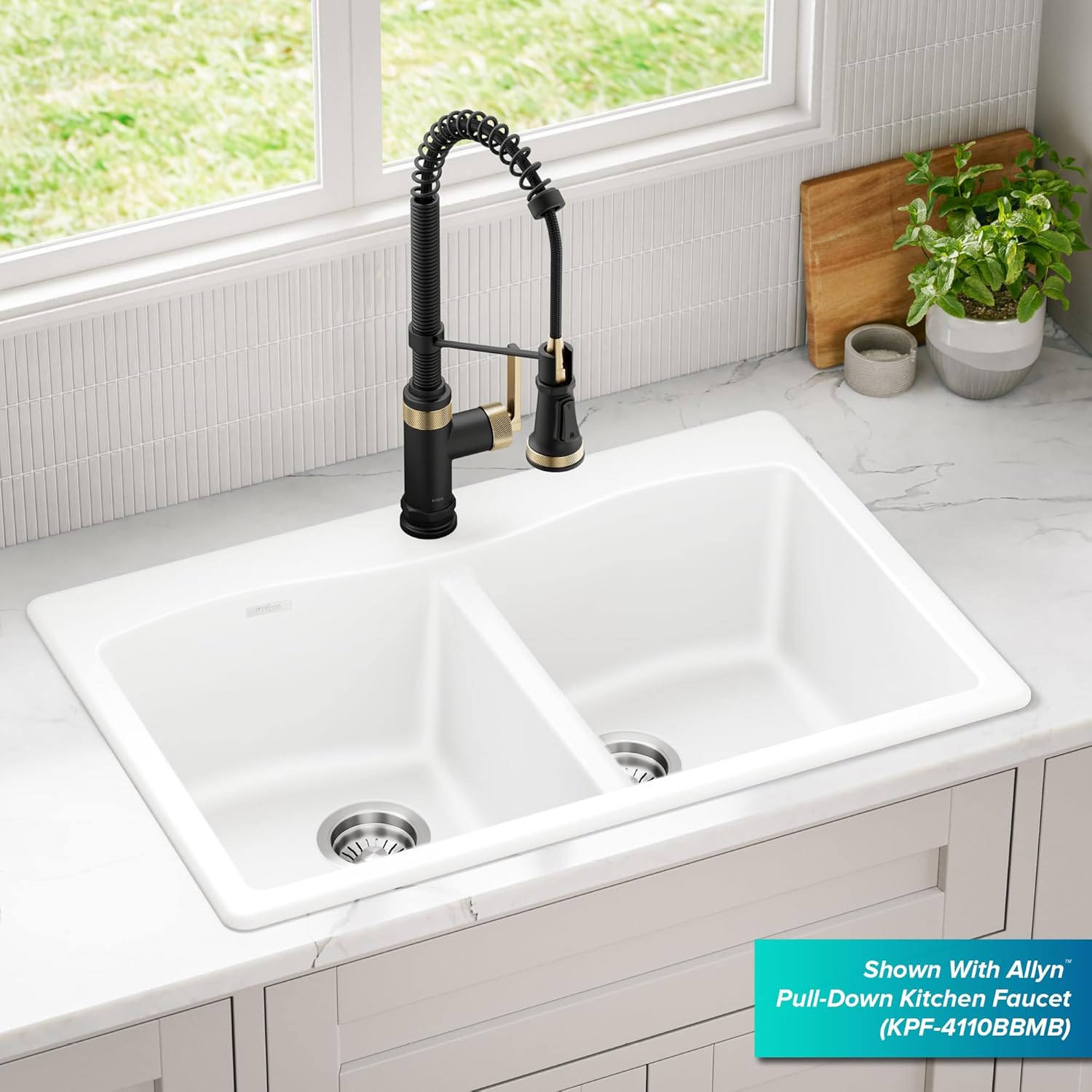 KRAUS Forteza 33-inch Granite Drop In/Undermount 50/50 Double Bowl White Kitchen Sink, KGD-52WHITE