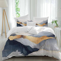 Prime Leader Abstract Duvet Cover Set Queen Size 4 Pieces Modern Gold Blue Grey Geometric Minimalist Bedding Set with Zipper Closure, 1 Comforter Cover 92x106 Inches 1 Flat Sheet & 2 Pillow Cases