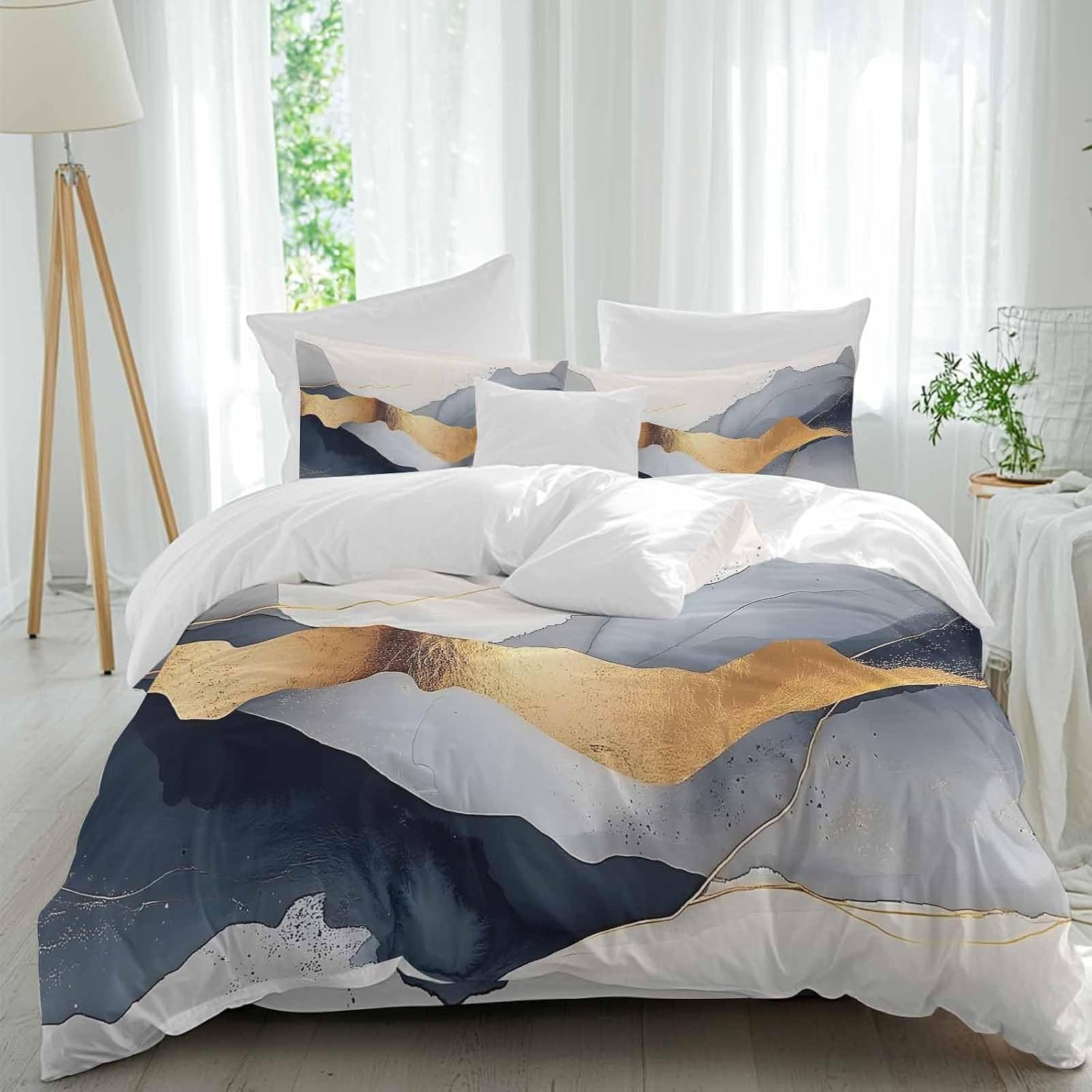 Prime Leader Abstract Duvet Cover Set Queen Size 4 Pieces Modern Gold Blue Grey Geometric Minimalist Bedding Set with Zipper Closure, 1 Comforter Cover 92x106 Inches 1 Flat Sheet & 2 Pillow Cases