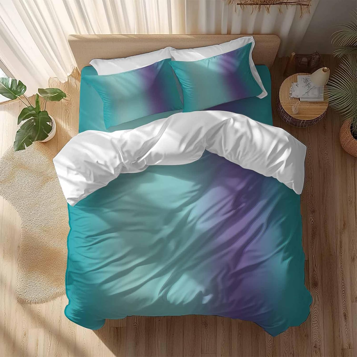Gradient Green Purple Duvet Cover Set Queen Size 4 Pieces Modern Abstract Minimalist Teal Ocean Beach Bedding Set with Zipper Closure, 1 Comforter Cover 92x106 Inches 1 Flat Sheet & 2 Pillow Cases