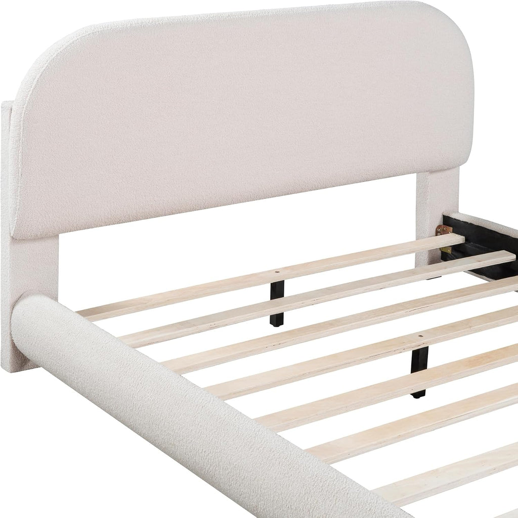 Curve-Shaped Upholstered Platform Bed with Curved Shaped Headboard, Full Size Wood Bed Frame for Kids Adults Bedroom Furniture, Teddy Fleece Thick Fabric Upholstered Bed Grounded Bed (Beige)