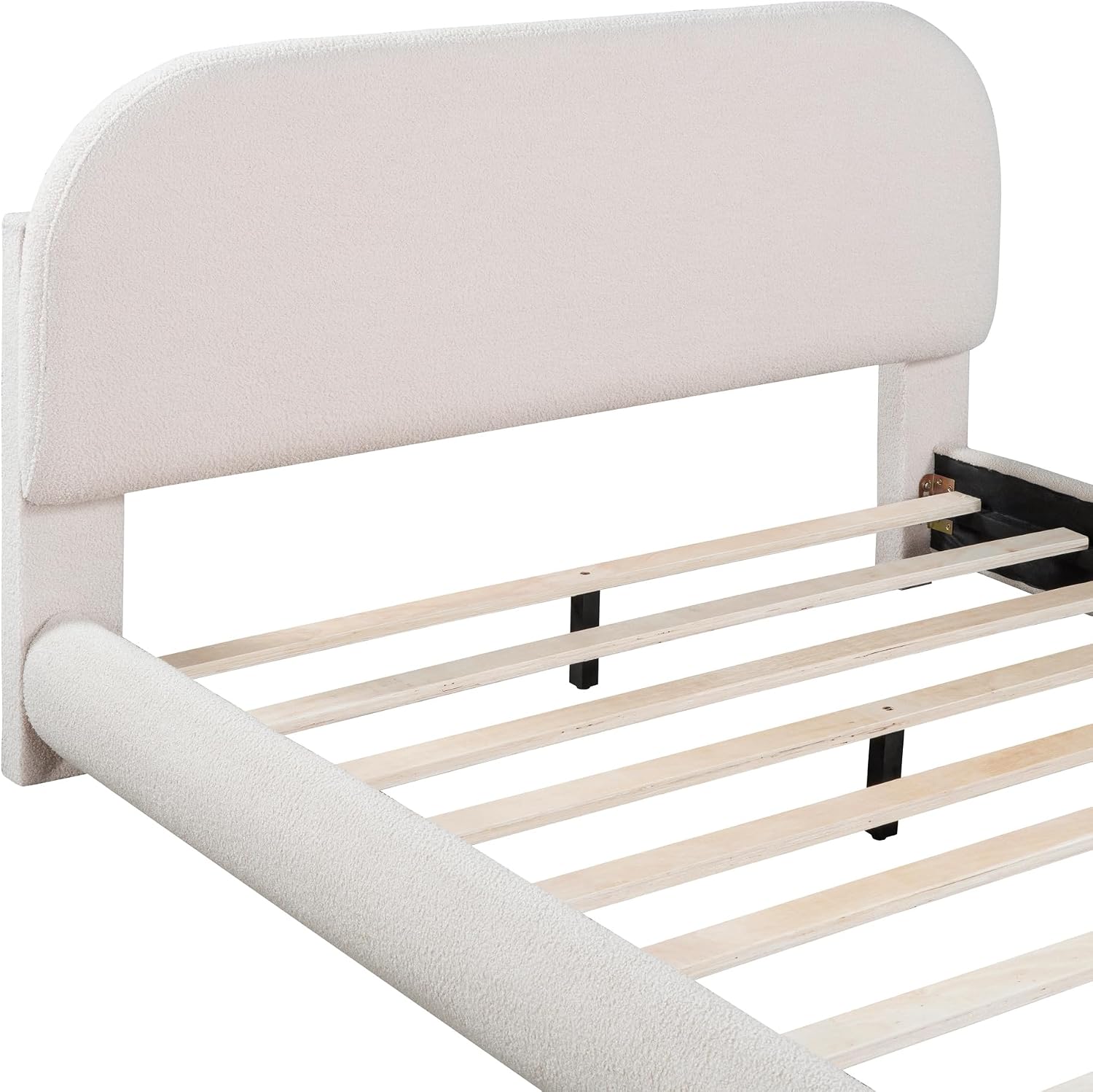 Curve-Shaped Upholstered Platform Bed with Curved Shaped Headboard, Full Size Wood Bed Frame for Kids Adults Bedroom Furniture, Teddy Fleece Thick Fabric Upholstered Bed Grounded Bed (Beige)
